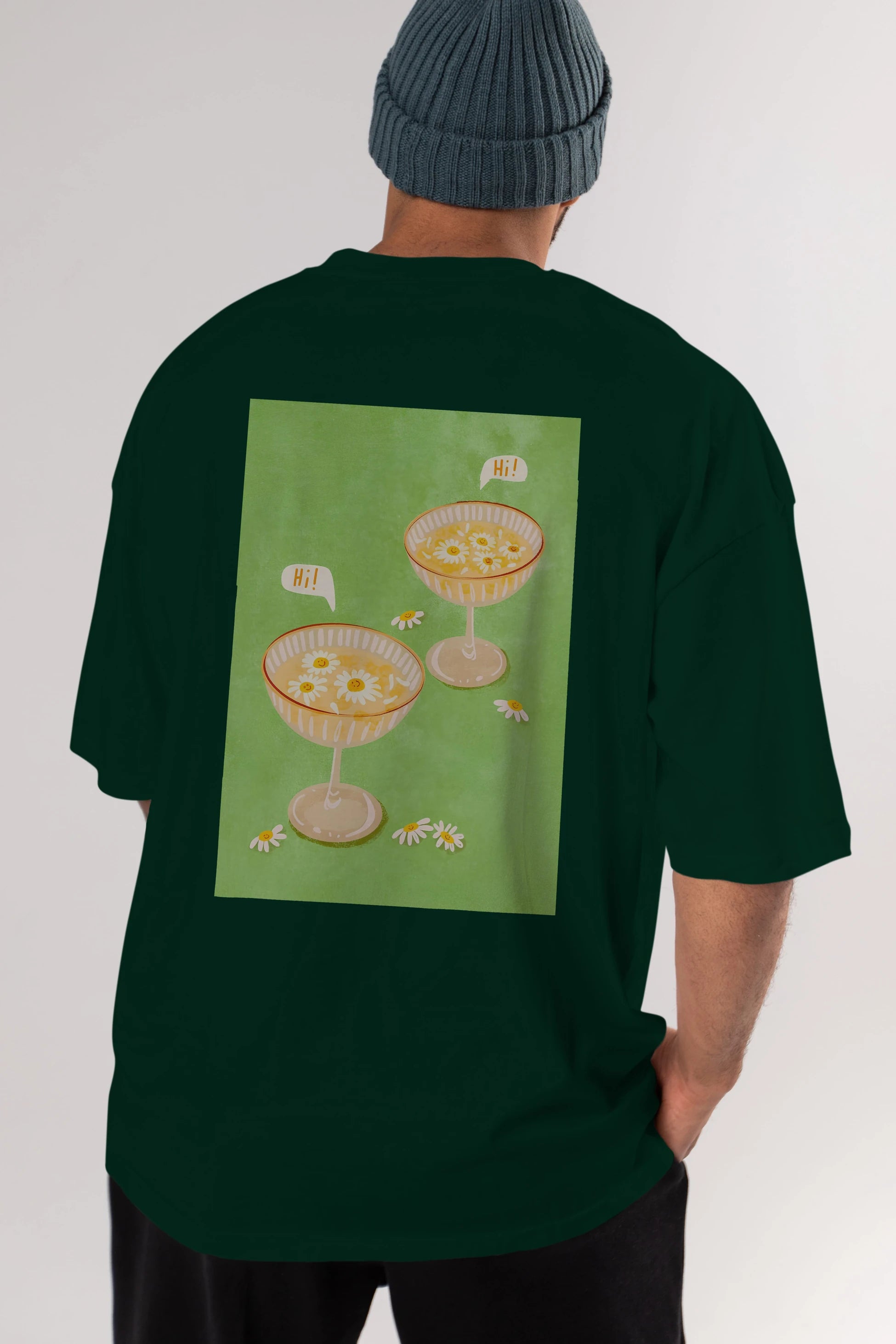 Hi Cheers Arka Baskılı Oversize t-shirt Erkek Kadın Unisex %100 Pamuk Bisiklet Yaka tişort