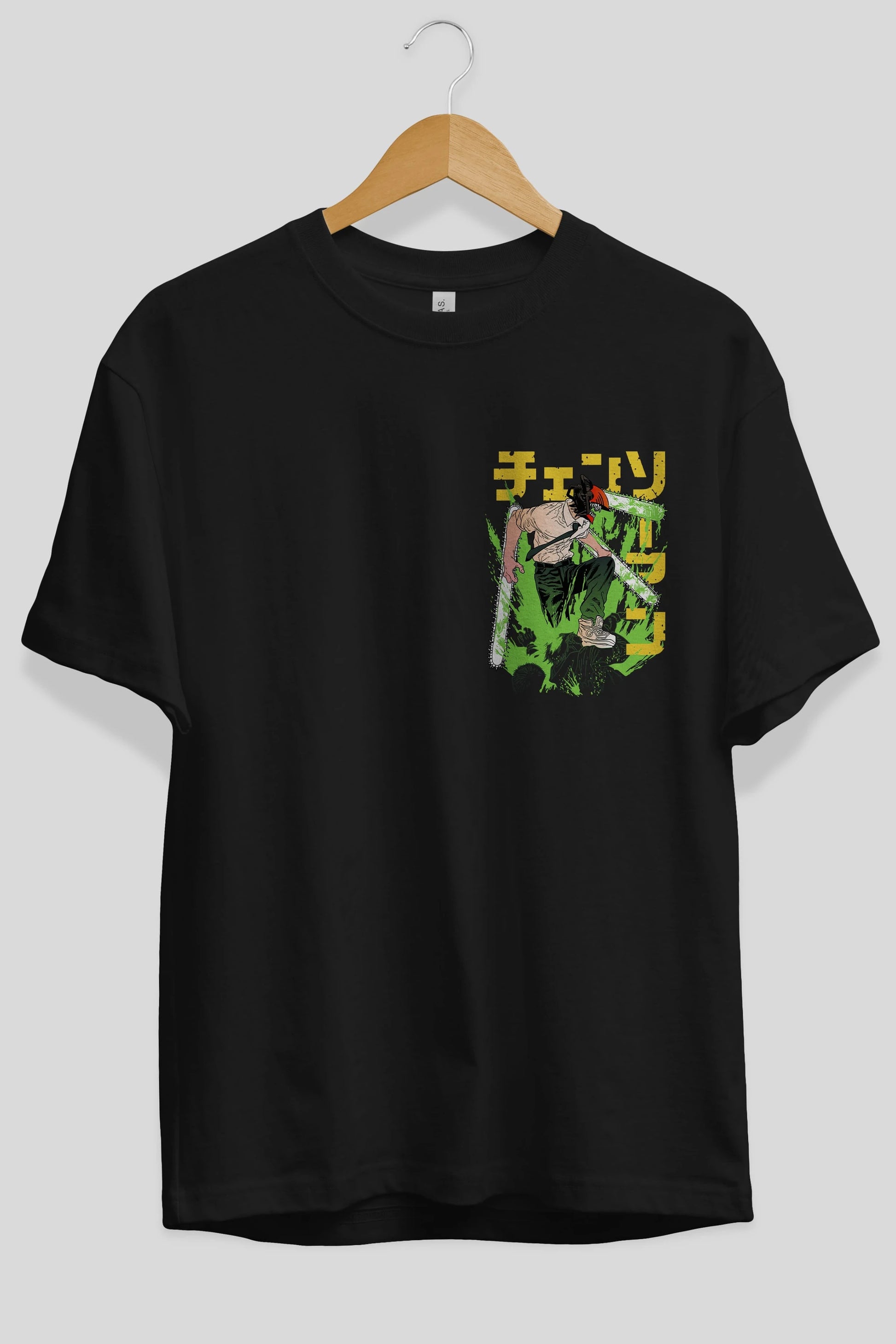 CHAINSAWMAN DENJI Ön Sol Baskılı Oversize t-shirt Erkek Kadın Unisex %100 Pamuk Bisiklet Yaka tişort