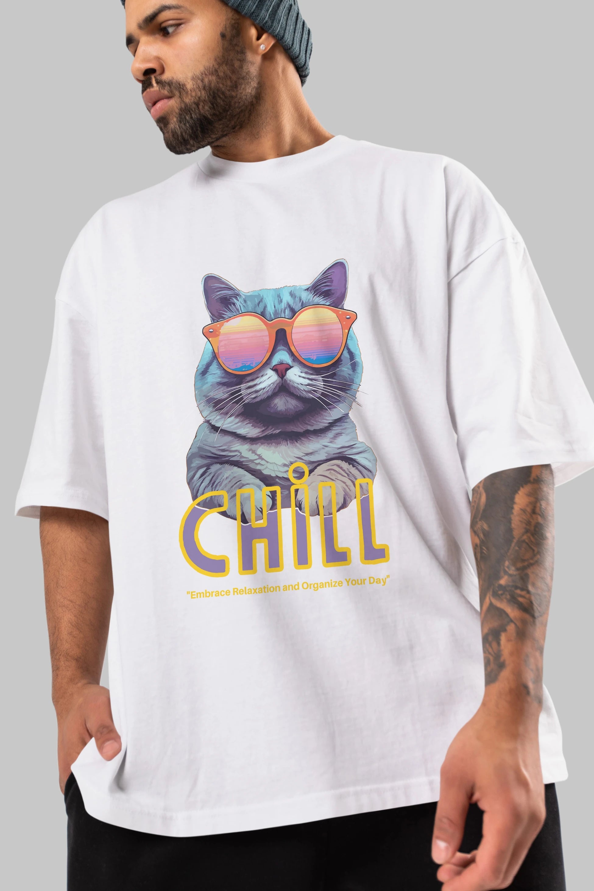 Chill Cat Ön Baskılı Oversize t-shirt Erkek Kadın Unisex