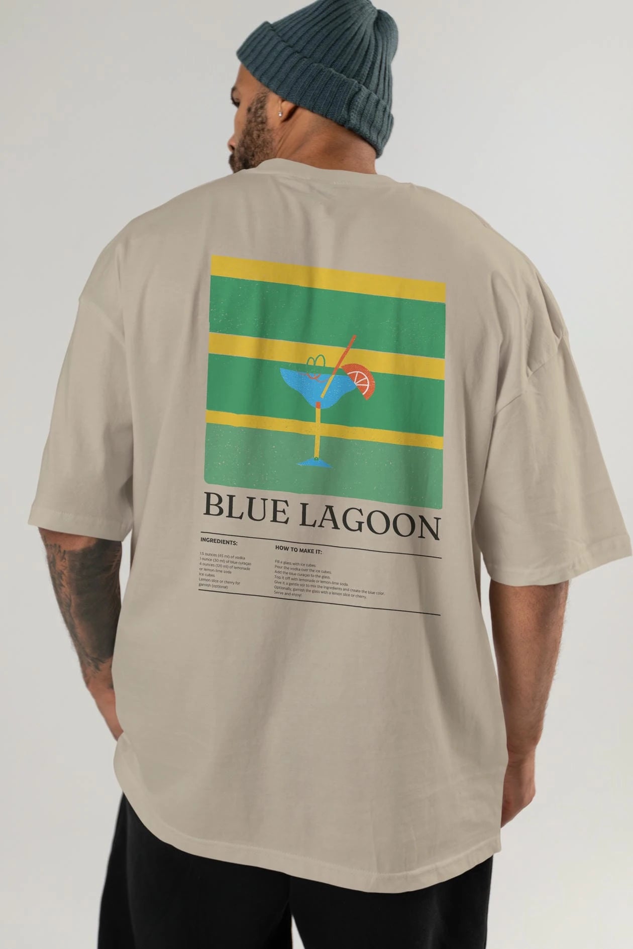 Blue Lagoon Kokteyl Serisi Arka Baskılı Oversize t-shirt Erkek Kadın %100 Pamuk Bisiklet Yaka tişort