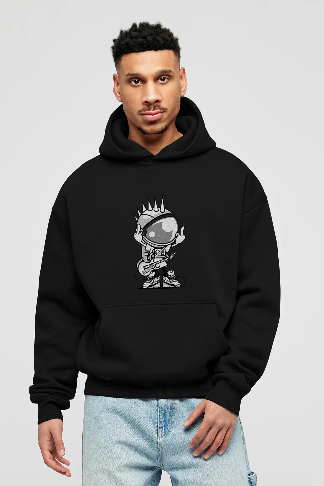 Astronaut Punk Rock Ön Baskılı Hoodie Oversize Kapüşonlu Sweatshirt Erkek Kadın Unisex