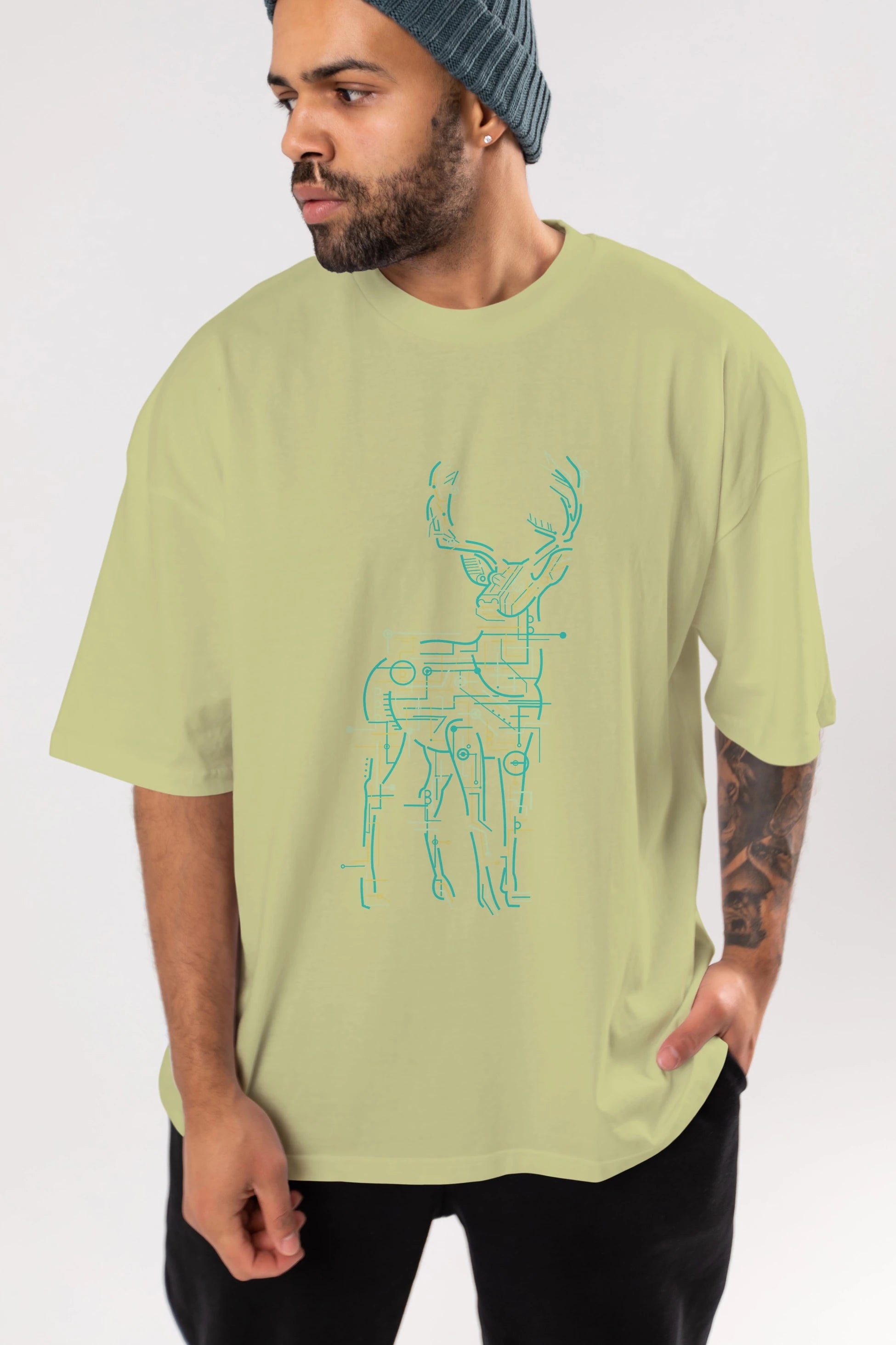 Electric Deer Ön Baskılı Oversize t-shirt %100 pamuk Erkek Kadın Unisex