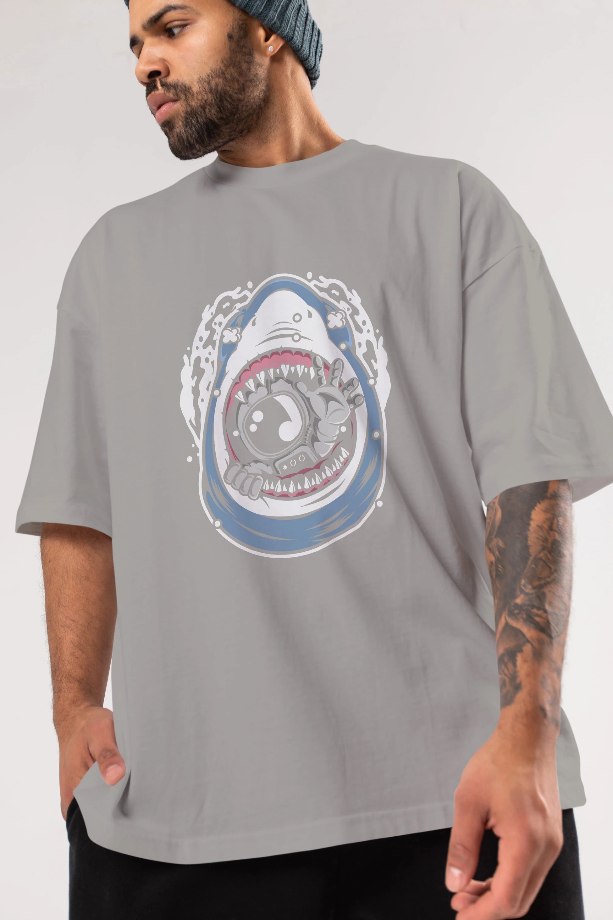 Astronaut Shark Ön Baskılı Oversize t-shirt Erkek Kadın Unisex