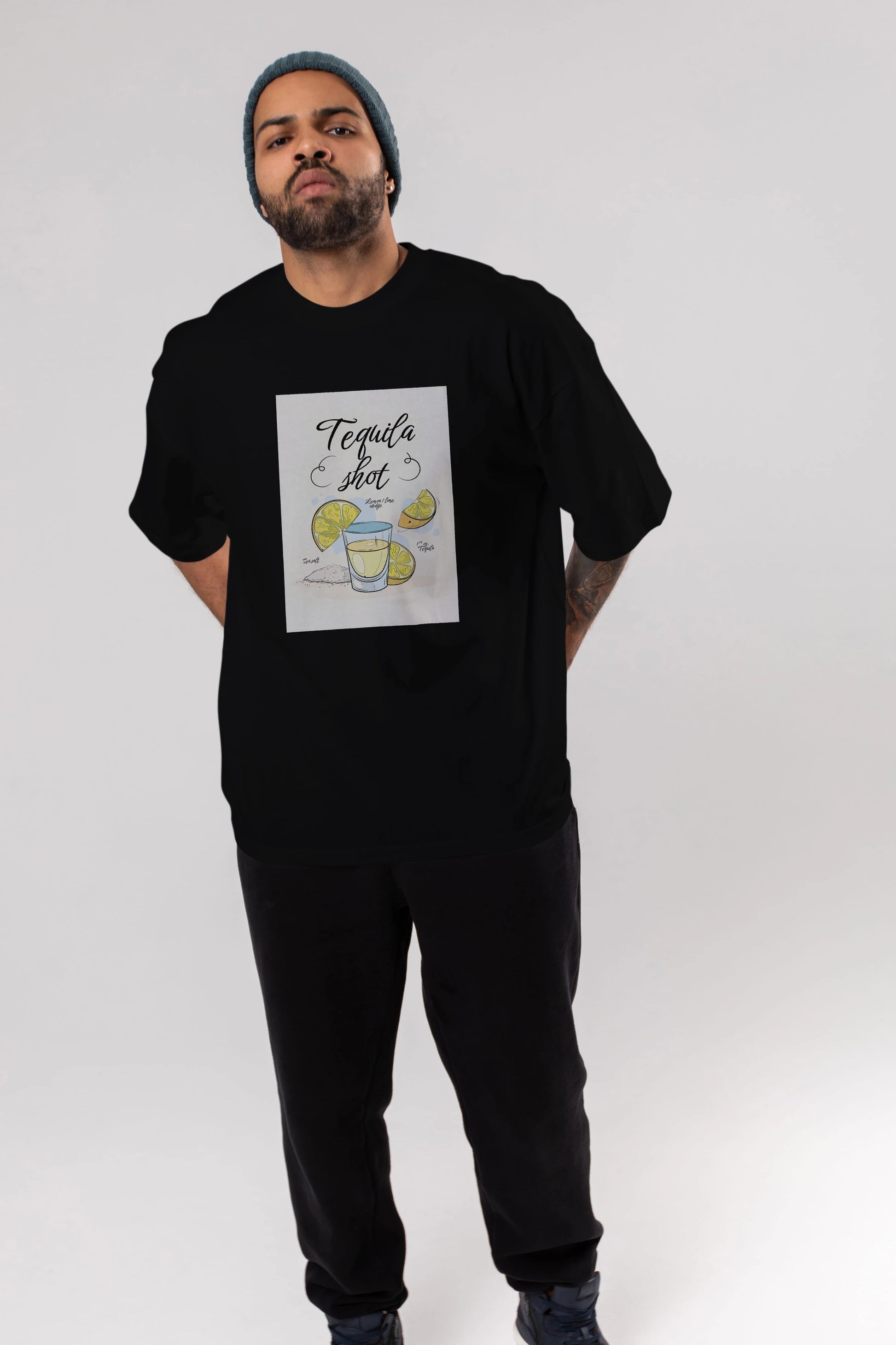 Tequila Shot Ön Baskılı Oversize t-shirt Erkek Kadın Unisex %100 Pamuk Bisiklet Yaka tişort