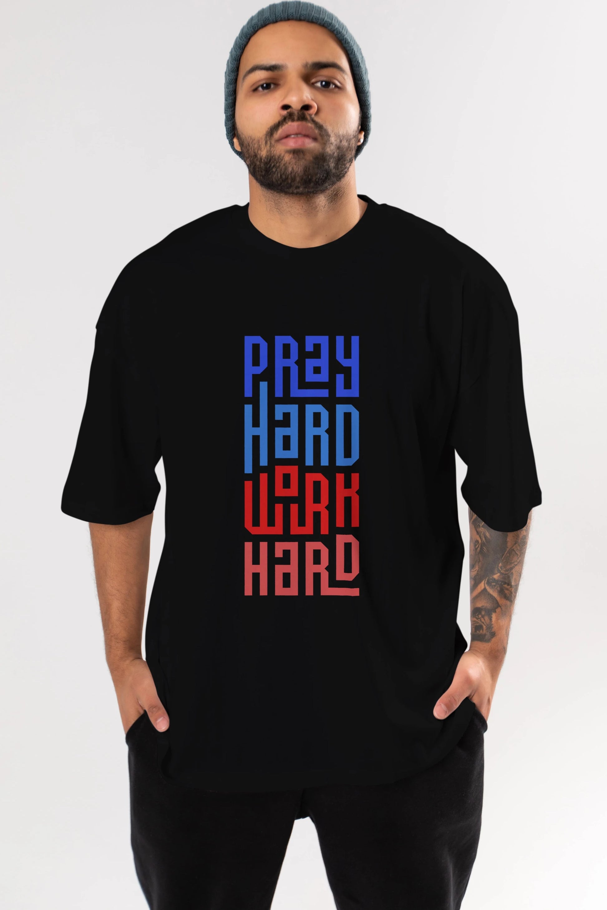 Pray Hard Work Hard Yazılı Ön Baskılı Oversize t-shirt Erkek Kadın Unisex