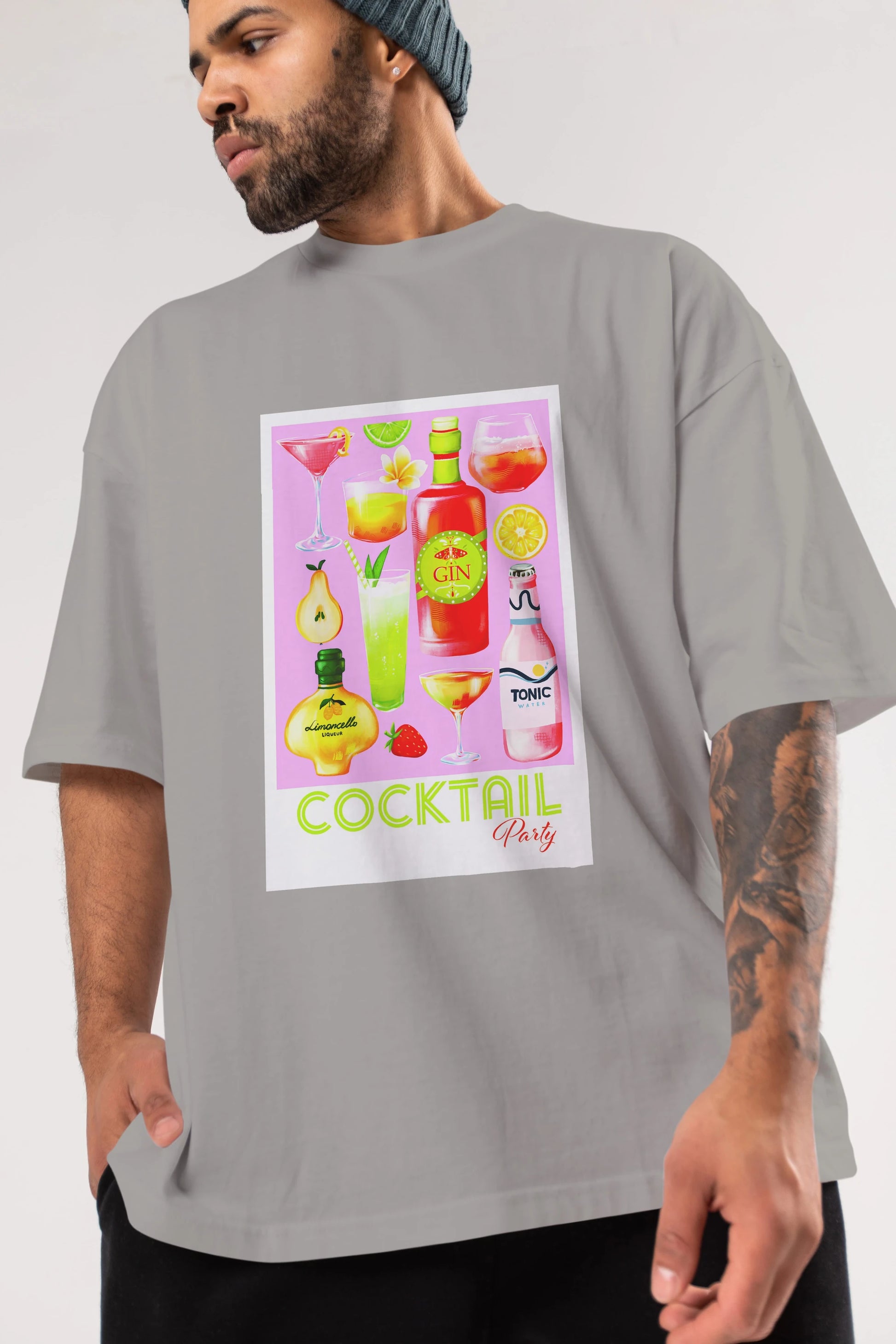 Cocktail Party Ön Baskılı Oversize t-shirt Erkek Kadın Unisex %100 Pamuk Bisiklet Yaka tişort