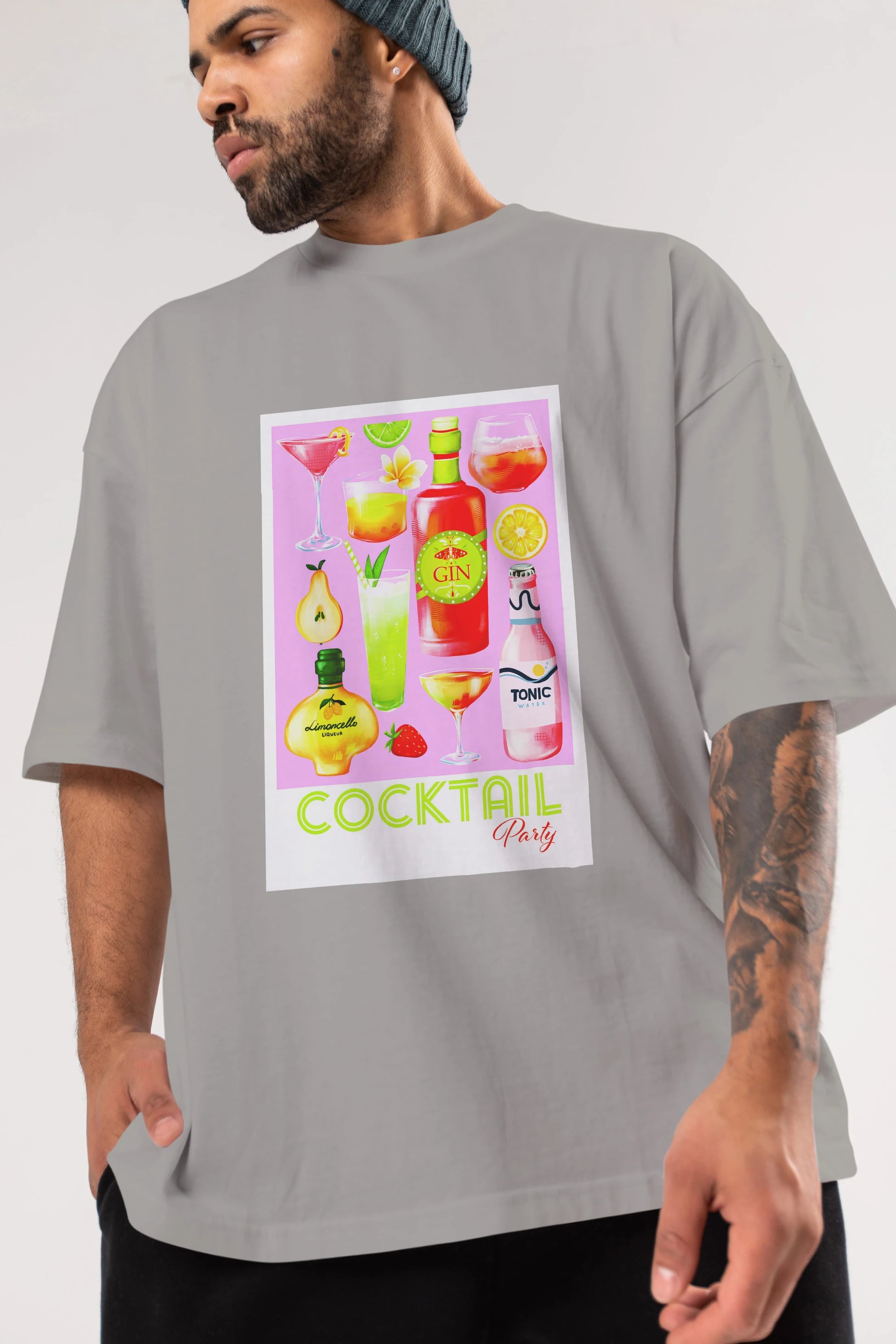 Cocktail Party Ön Baskılı Oversize t-shirt Erkek Kadın Unisex %100 Pamuk Bisiklet Yaka tişort