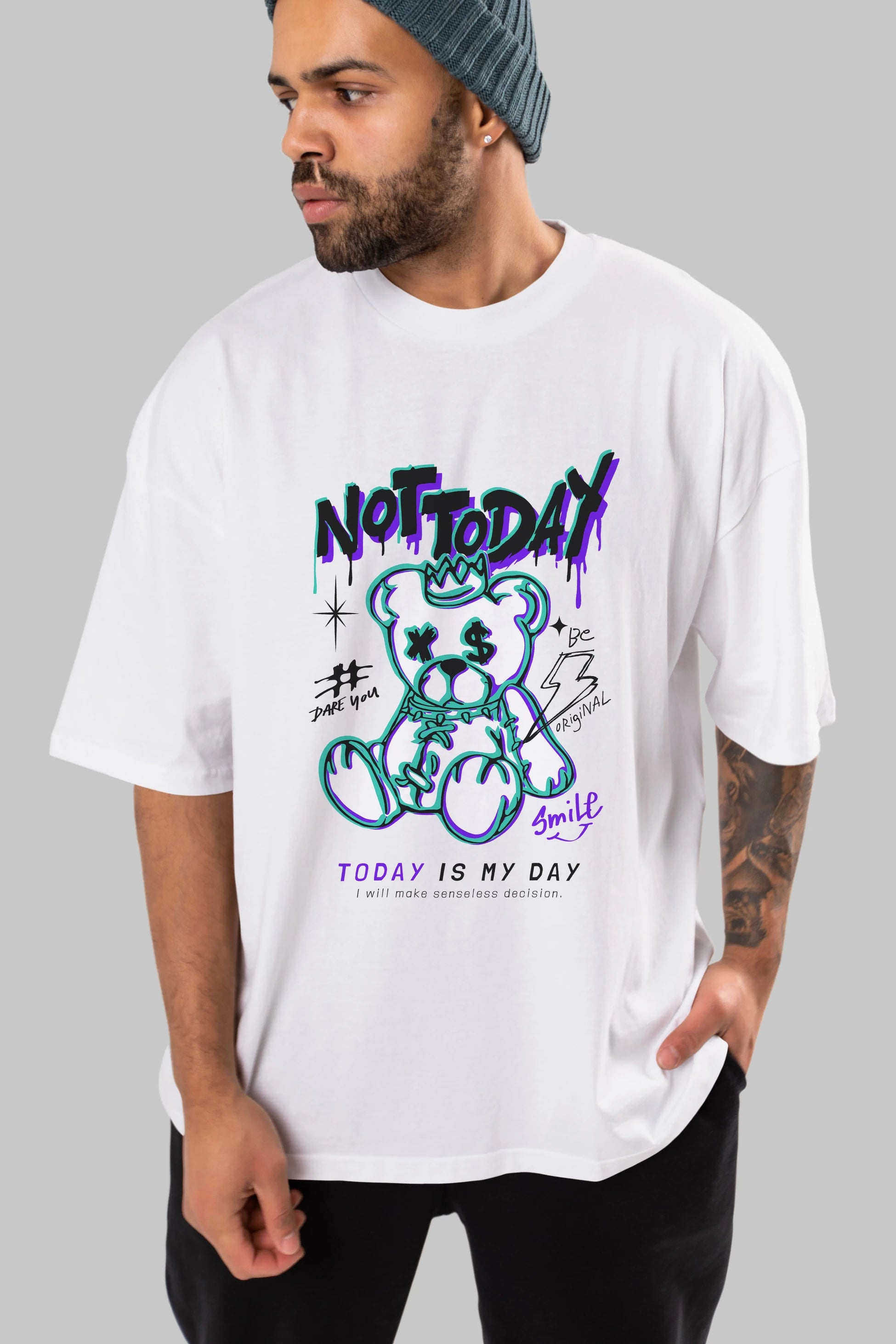 Teddy Bear Not Today Ön Baskılı Oversize t-shirt Erkek Kadın Unisex