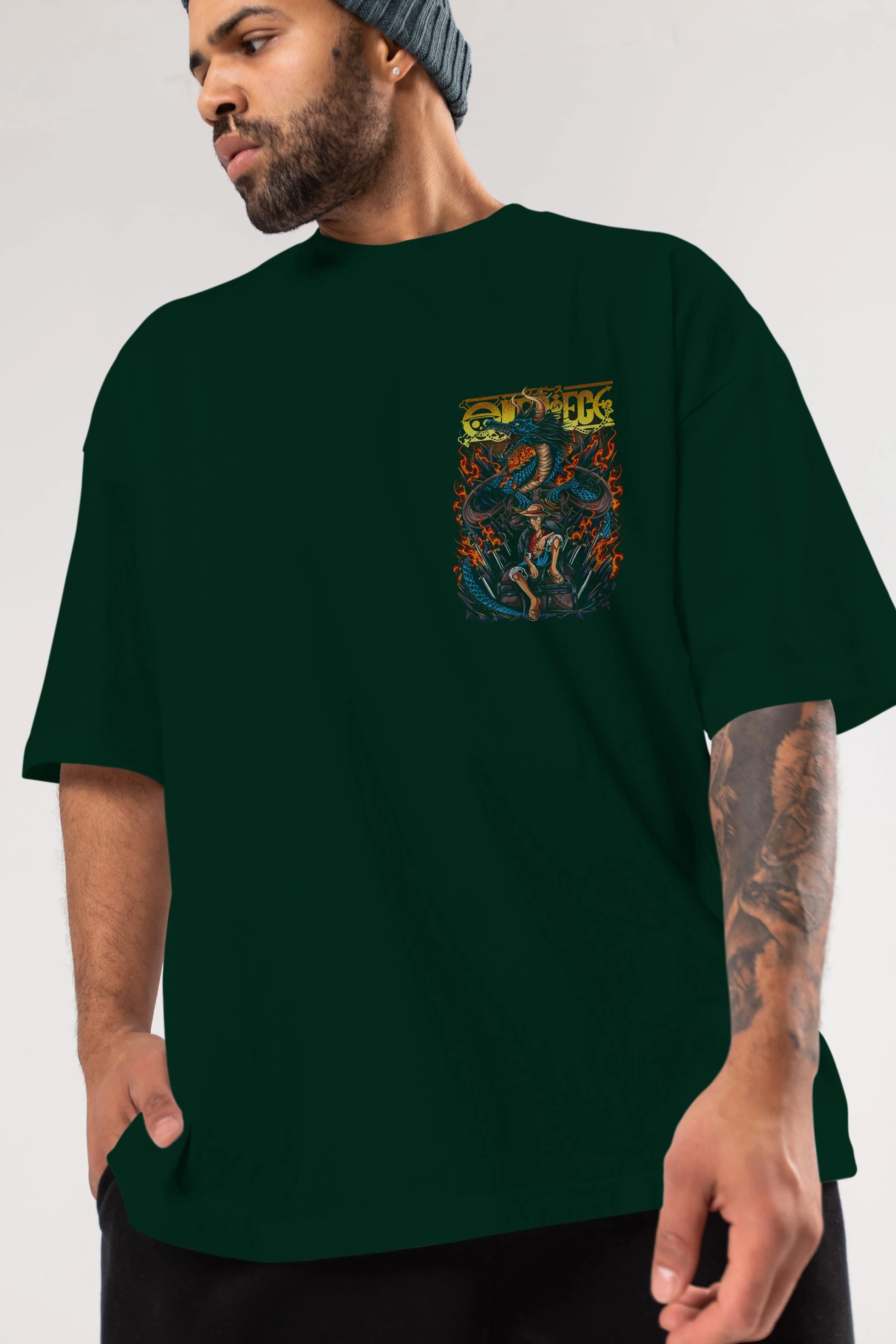 MONKEY D. LUFF-ONE PIECE Ön Sol Baskılı Oversize t-shirt Erkek Kadın Unisex %100 Pamuk Bisiklet Yaka tişort