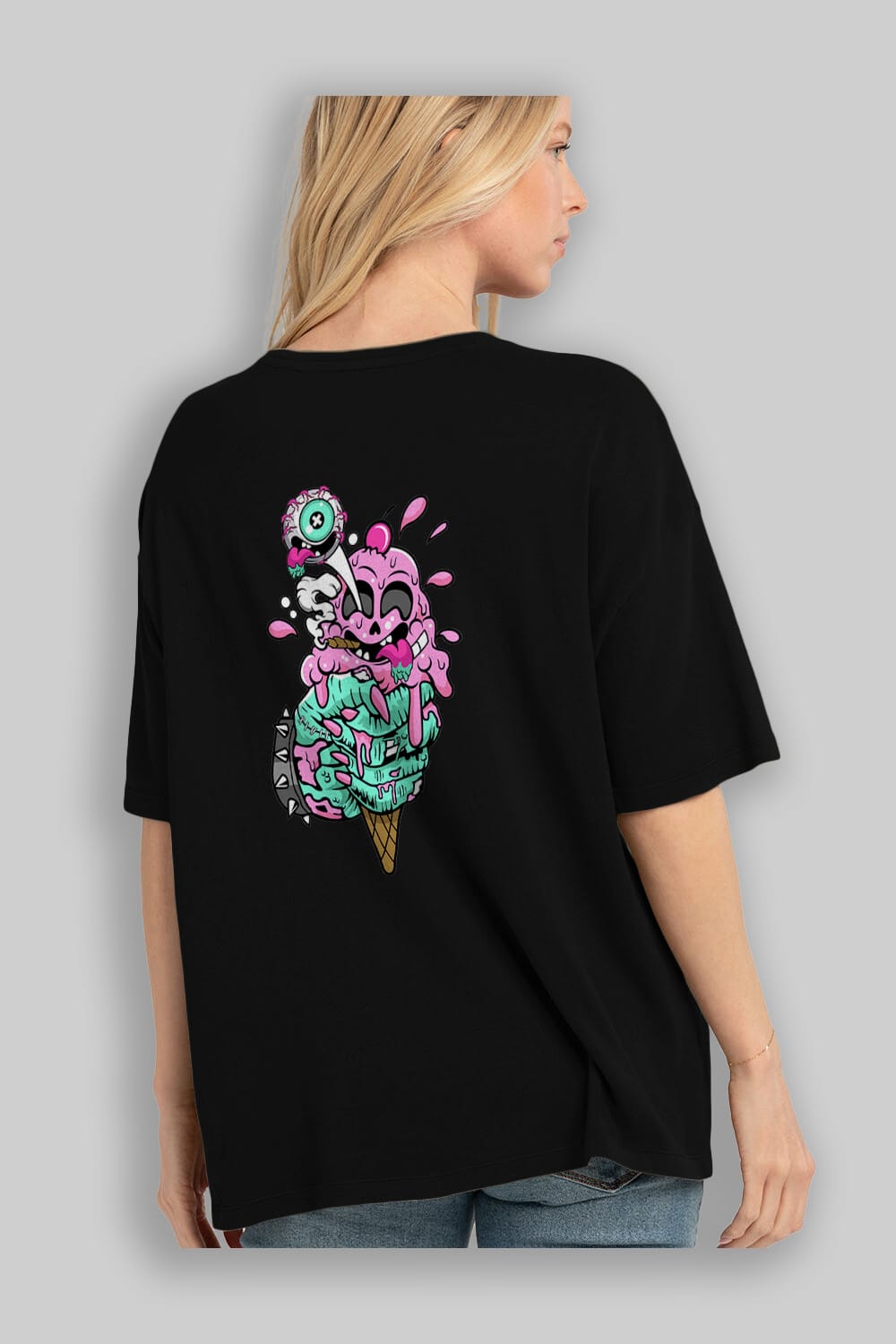 Ice Cream Zombie Arka Baskılı Oversize t-shirt Erkek Kadın Unisex %100 Pamuk tişort