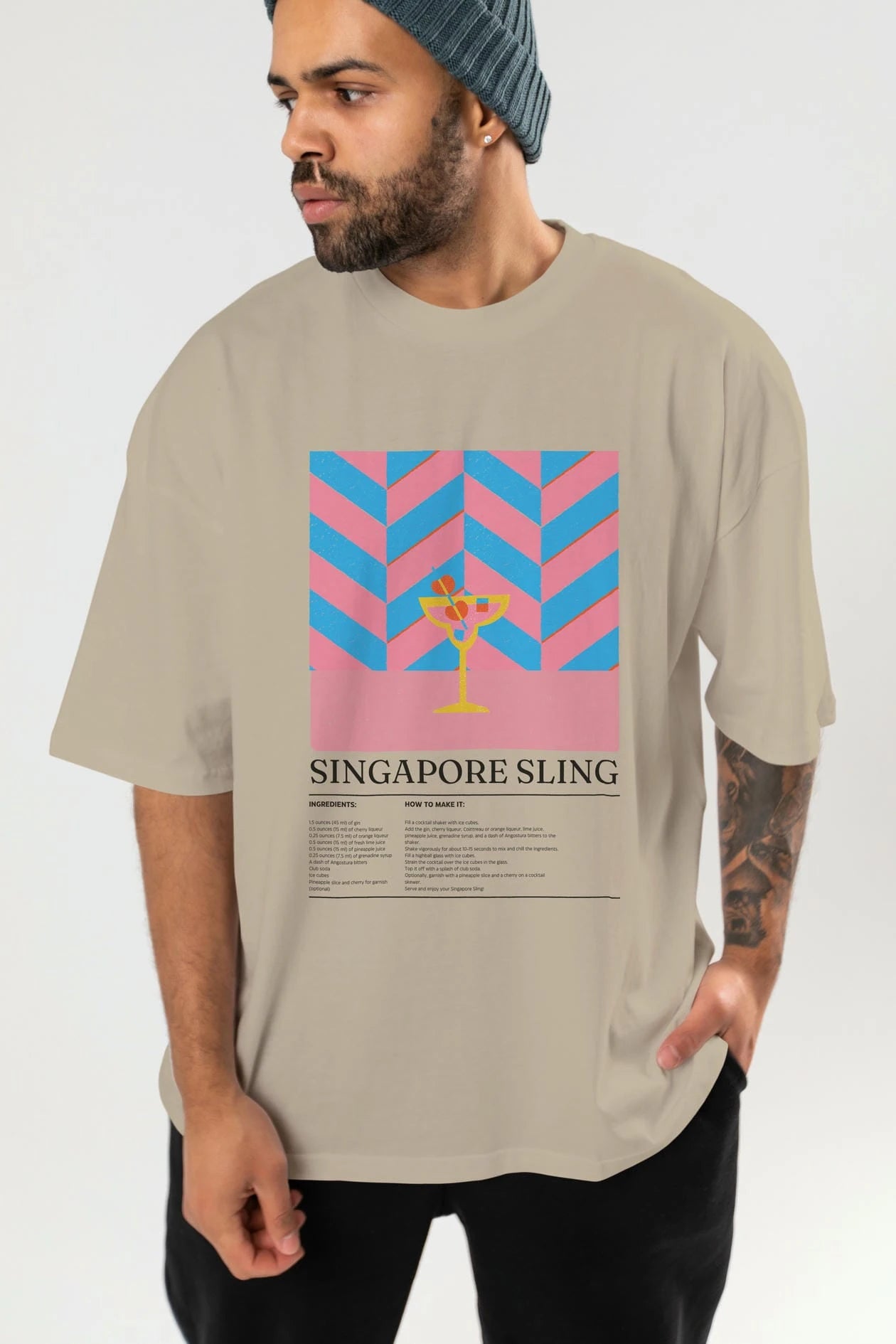Sıngapore Sling Kokteyl Ön Baskılı Oversize t-shirt Erkek Kadın %100 Pamuk Bisiklet Yaka tişort