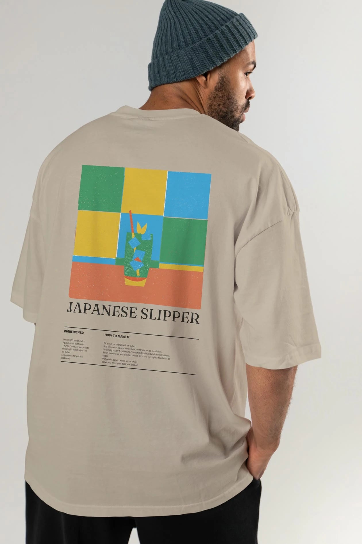 Japanese Slipper Kokteyl Serisi Arka Baskılı Oversize t-shirt Erkek Kadın %100 Pamuk Bisiklet Yaka tişort