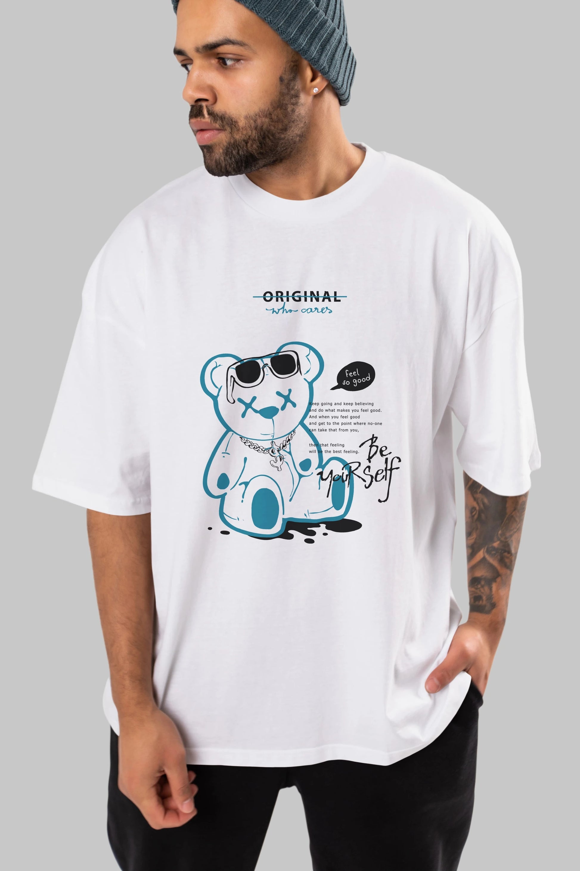 Feel So Good Bear Ön Baskılı Oversize t-shirt Erkek Kadın Unisex