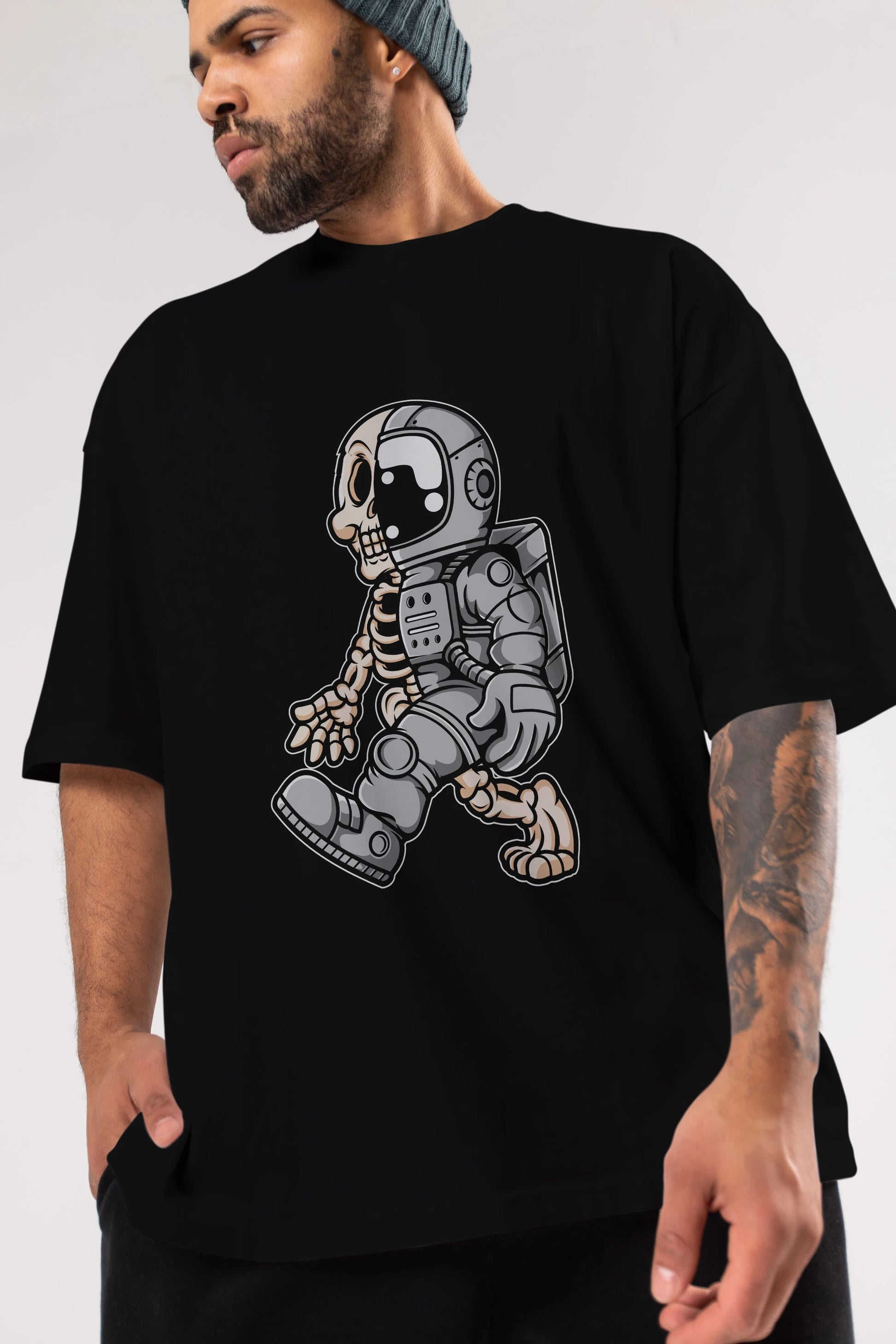 Astronaut Half Skull Ön Baskılı Oversize t-shirt Erkek Kadın Unisex