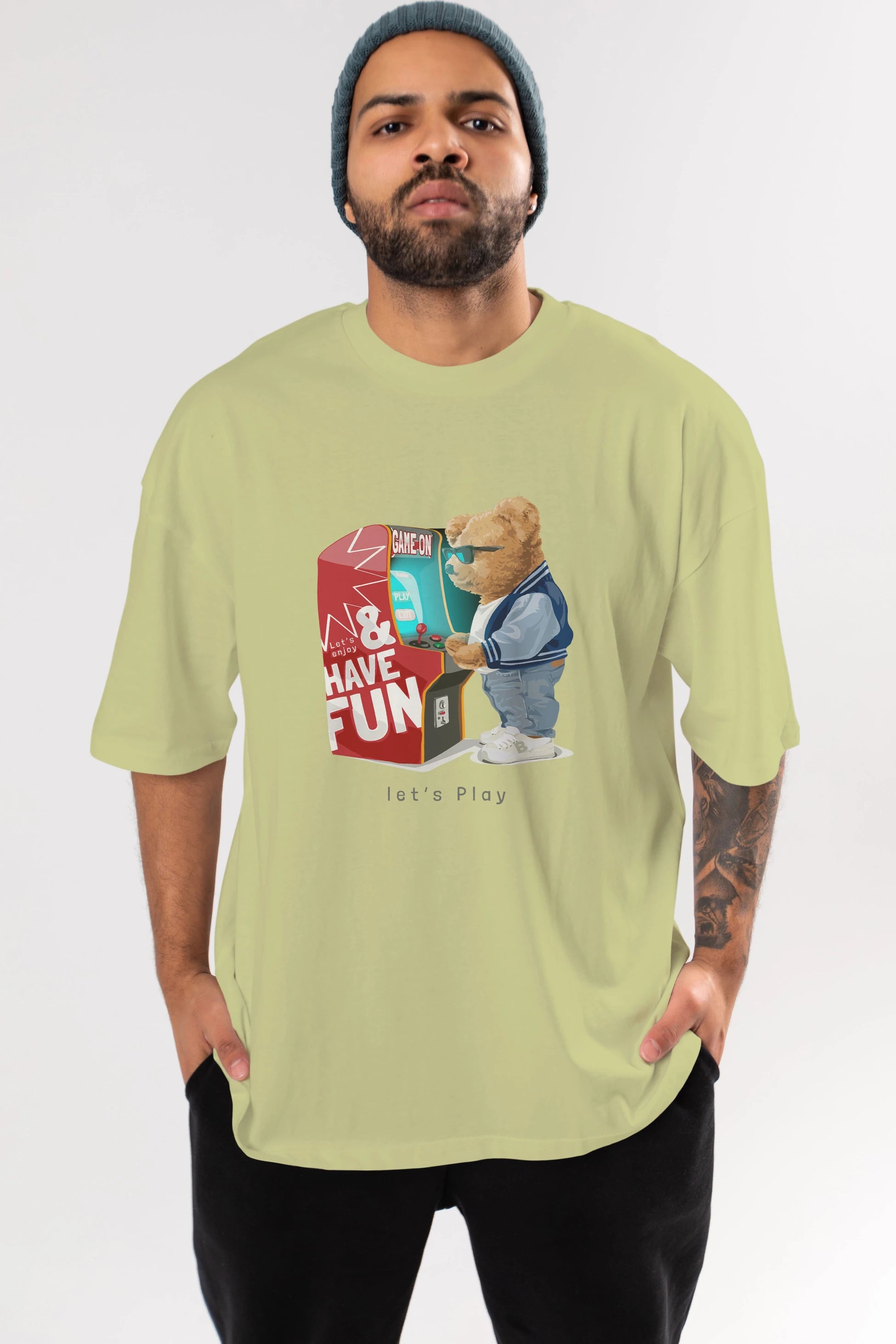 Teddy Bear Lets Play Ön Baskılı Oversize t-shirt Erkek Kadın Unisex %100 Pamuk