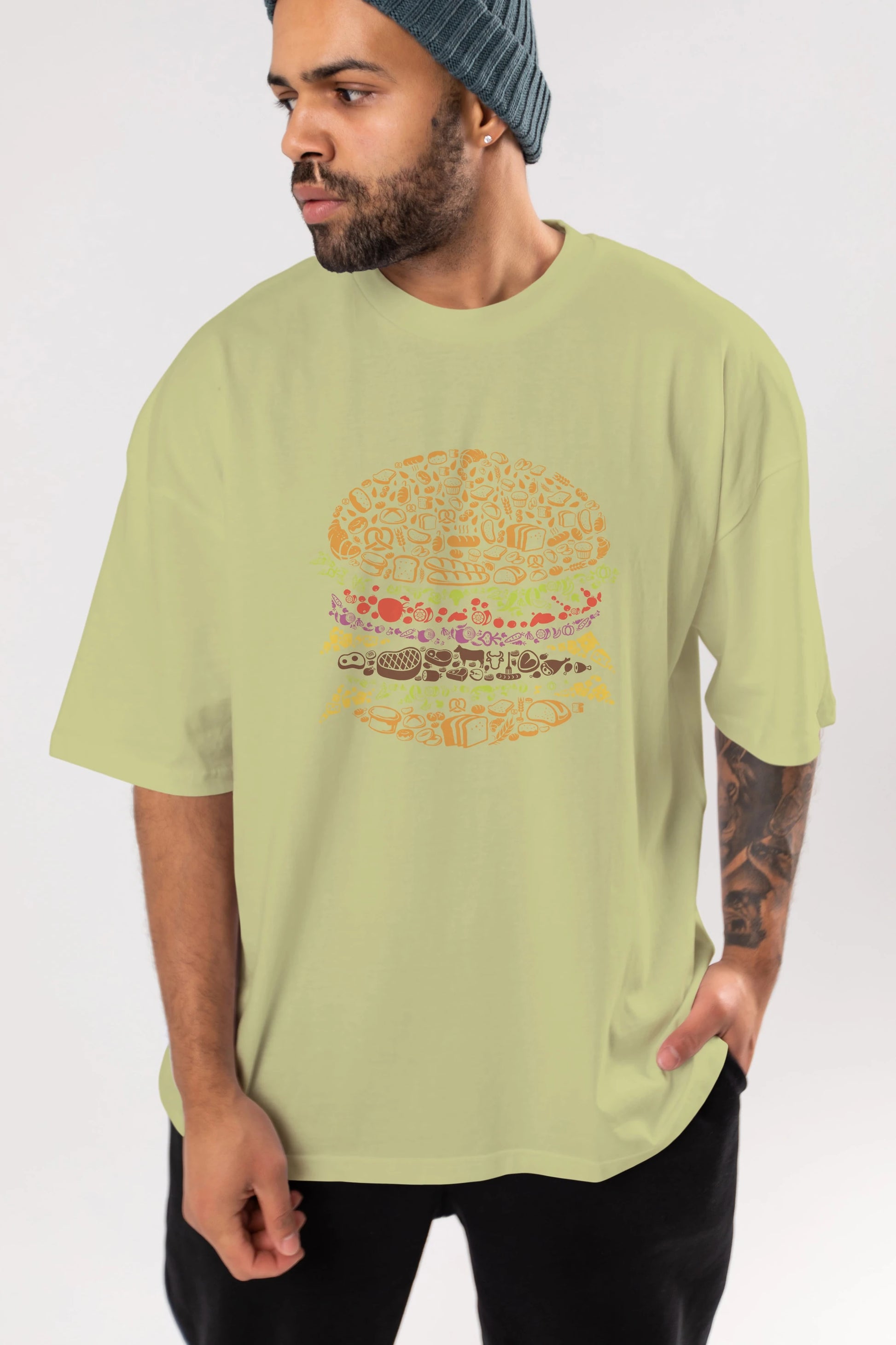 Burger Ön Baskılı Oversize t-shirt %100 pamuk Erkek Kadın Unisex