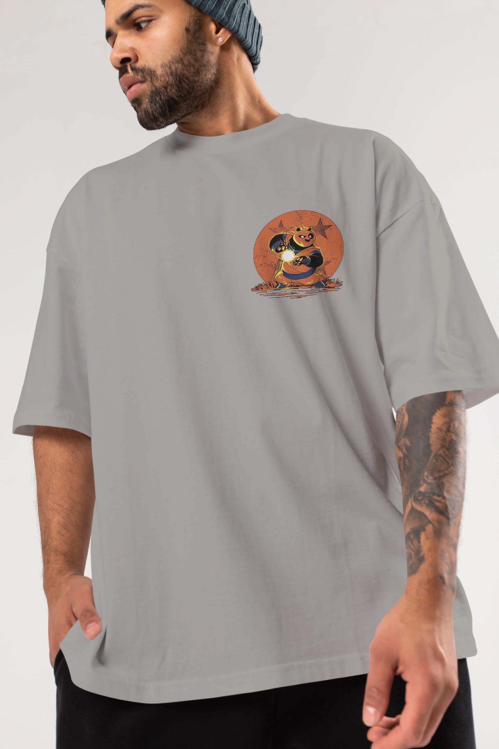 Kung Fu Panda Ön Sol Baskılı Oversize t-shirt Erkek Kadın Unisex %100 Pamuk Bisiklet Yaka tişort