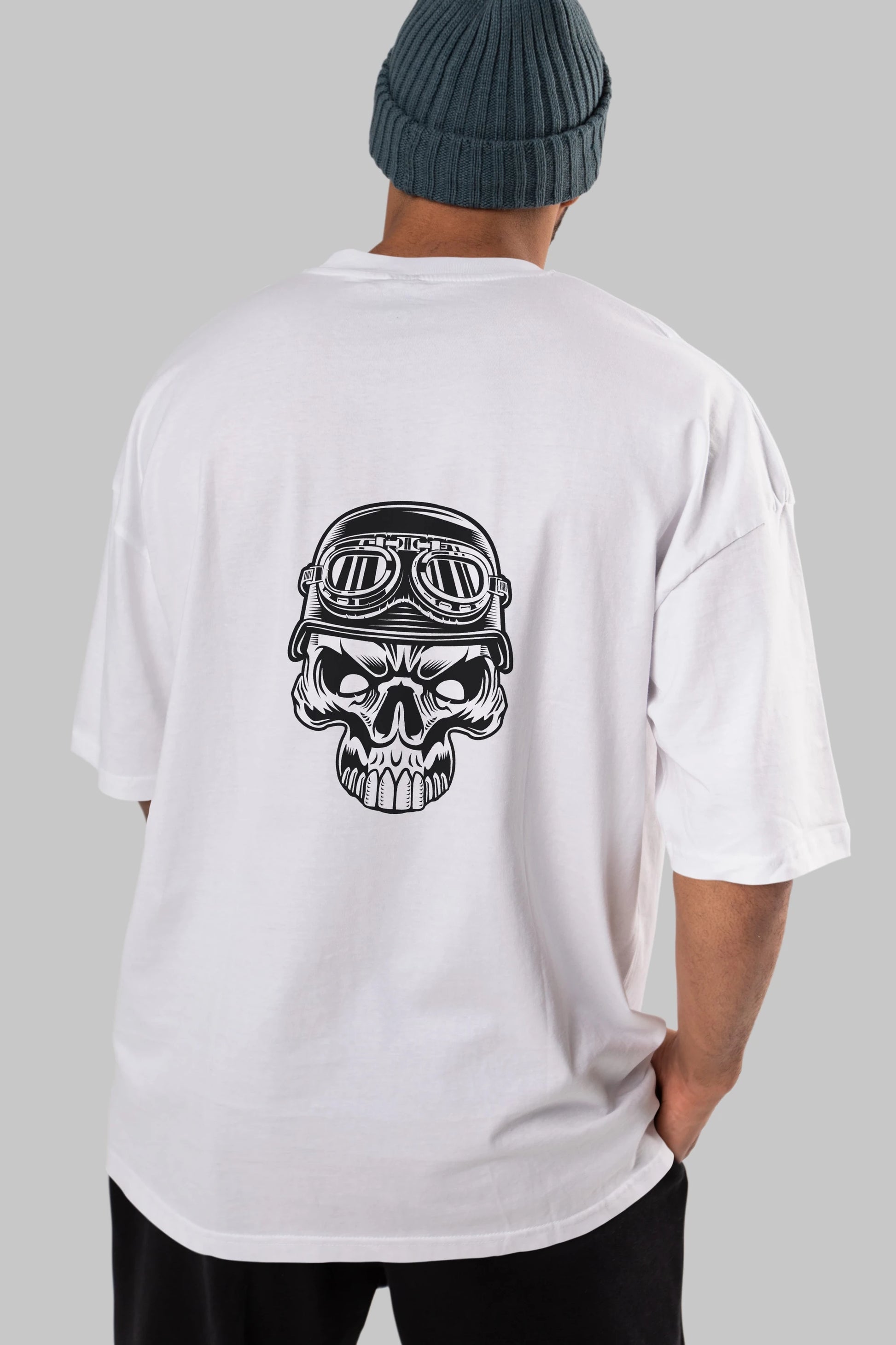 Biker Skull Helmet Arka Baskılı Oversize t-shirt Erkek Kadın Unisex %100 Pamuk tişort