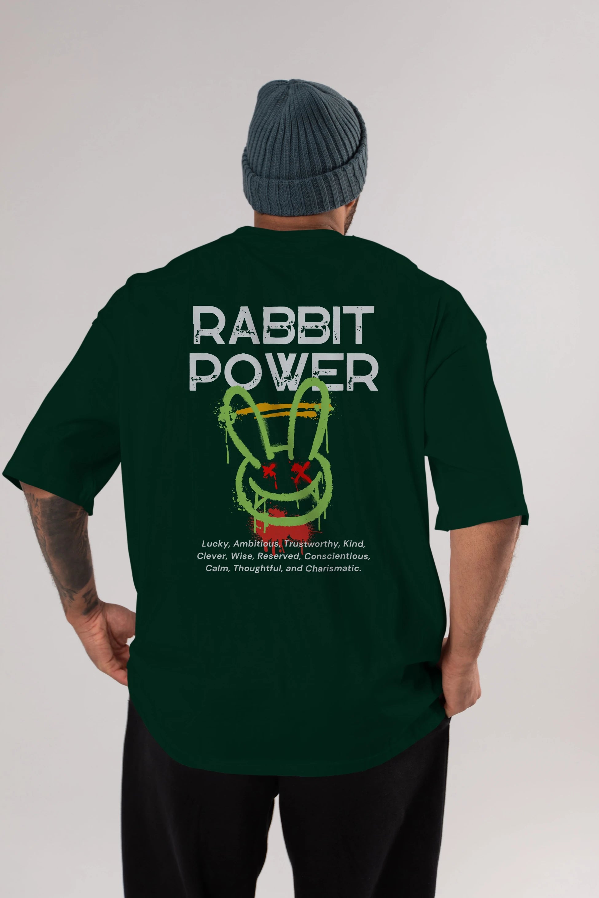 Rabbit Power Yazılı Arka Baskılı Oversize t-shirt Erkek Kadın Unisex