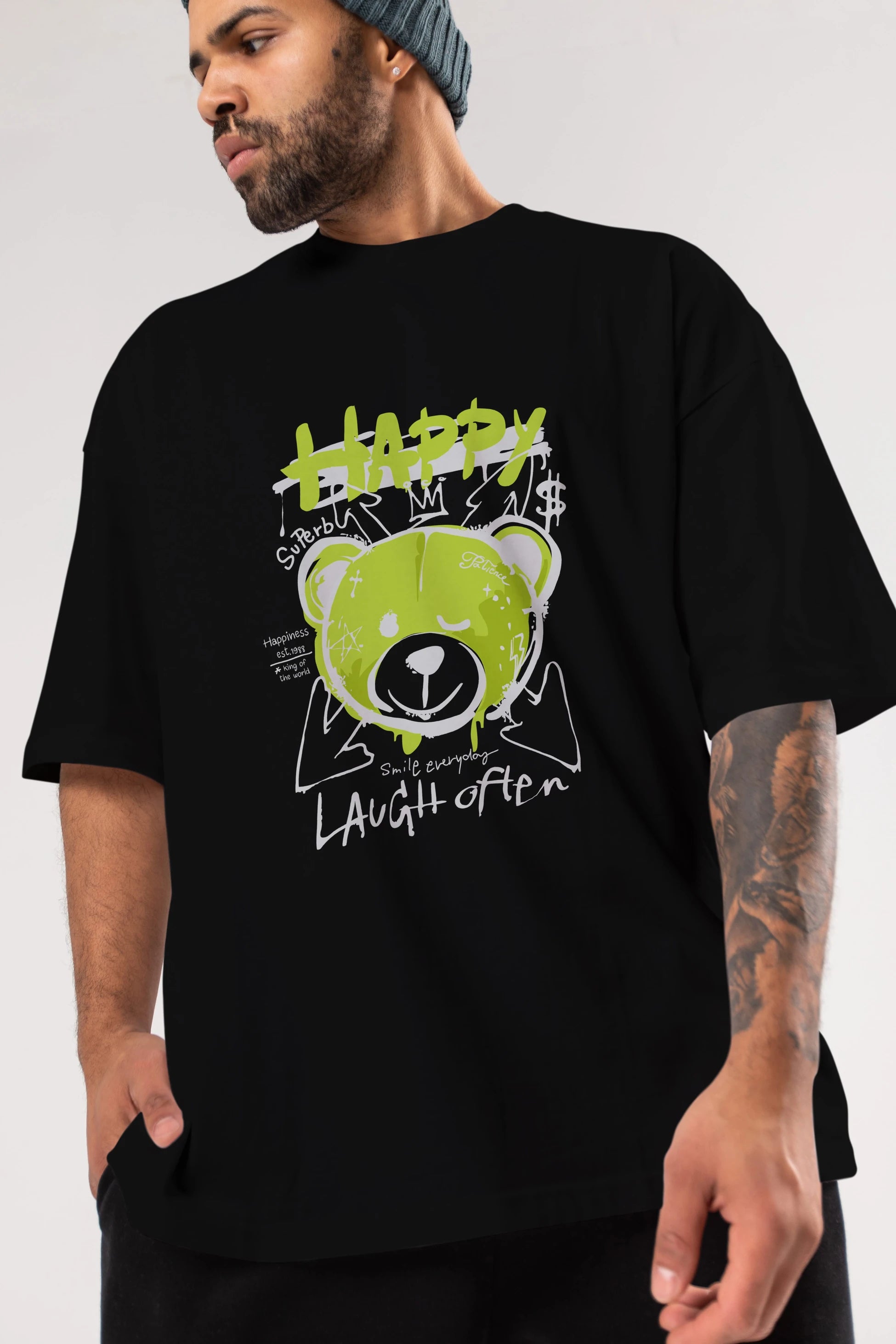 Happy Bear Ön Baskılı Oversize t-shirt Erkek Kadın Unisex