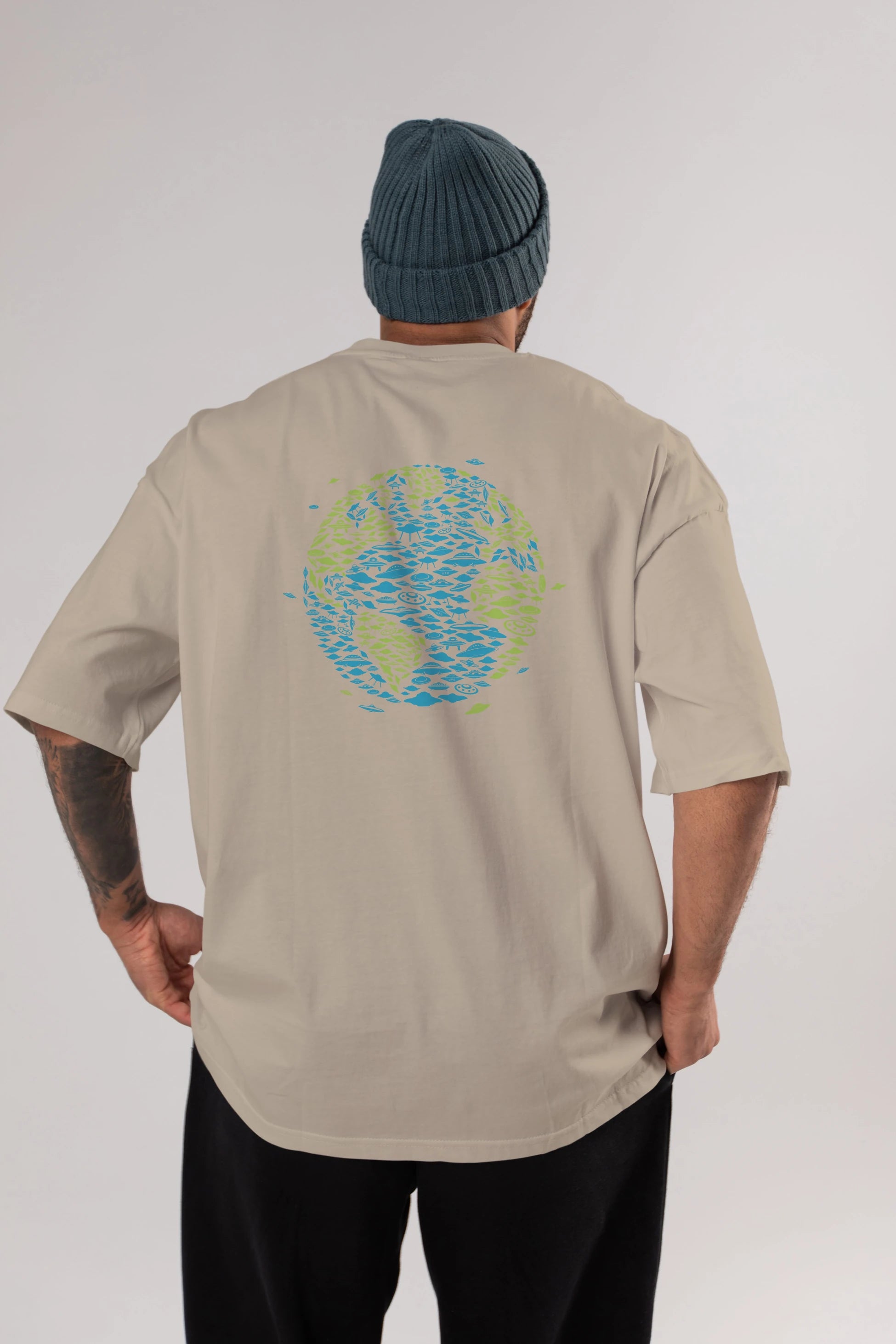 UFO Invasion Arka Baskılı Oversize t-shirt %100 pamuk Erkek Kadın Unisex