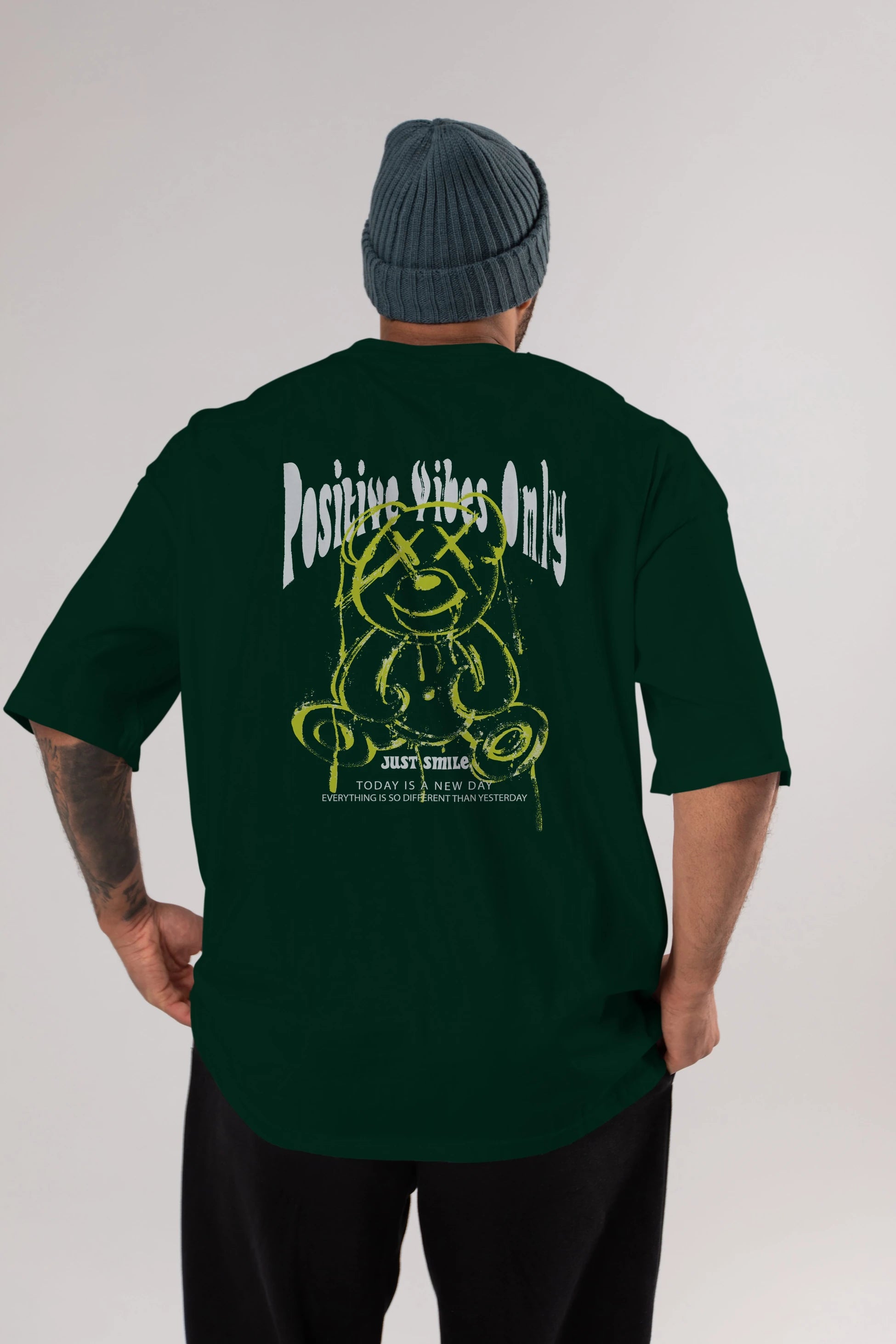 Positive Vibes Only Bear Arka Baskılı Oversize t-shirt Erkek Kadın Unisex