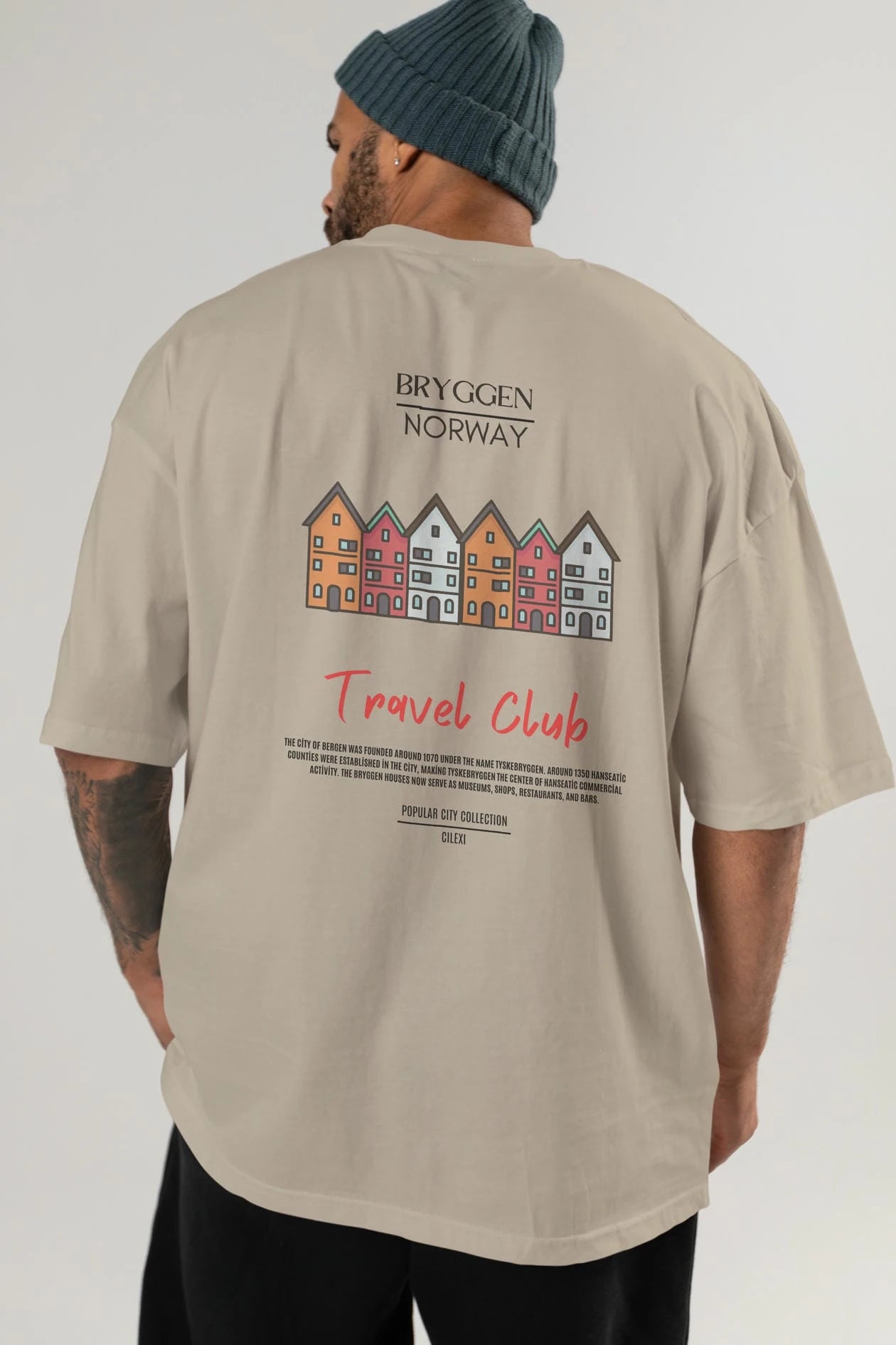 Bryggen Norway Arka Baskılı Oversize t-shirt Erkek Kadın Pamuk Bisiklet Yaka tişort