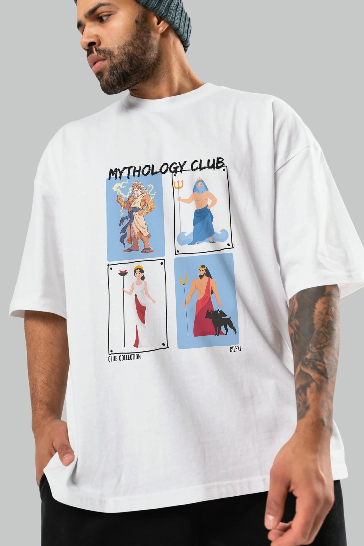 Mythology Club 2 ön Baskılı Oversize t-shirt Erkek Kadın %100 Pamuk Bisiklet Yaka tişort