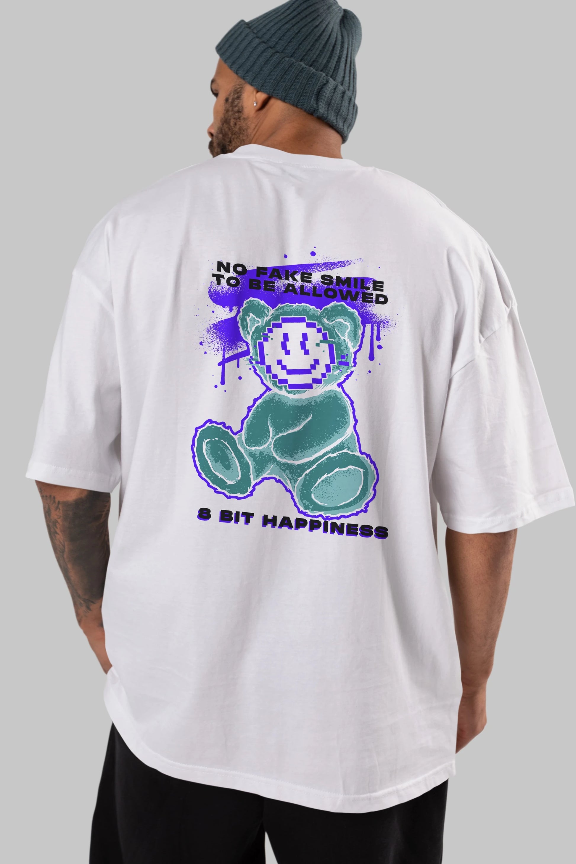 No Fake Smile Bear Arka Baskılı Oversize t-shirt Erkek Kadın Unisex