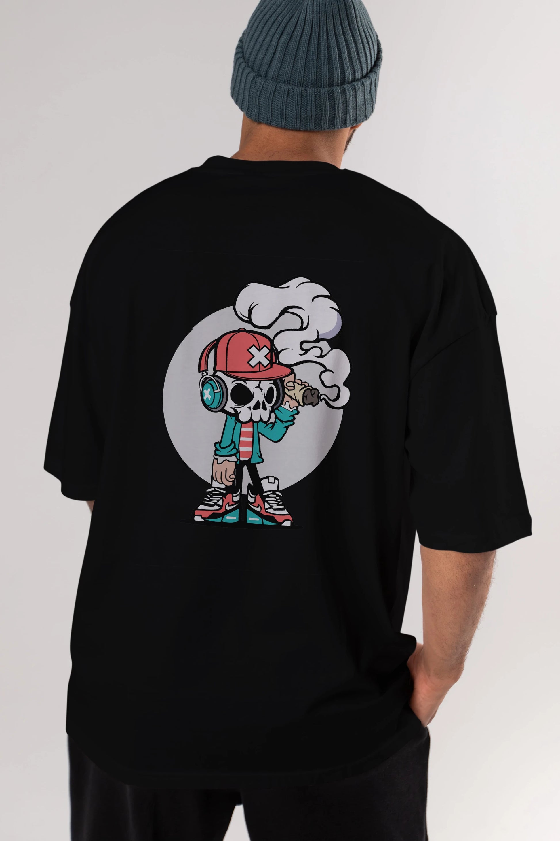 Skull Headphone Arka Baskılı Oversize t-shirt Erkek Kadın Unisex %100 Pamuk tişort