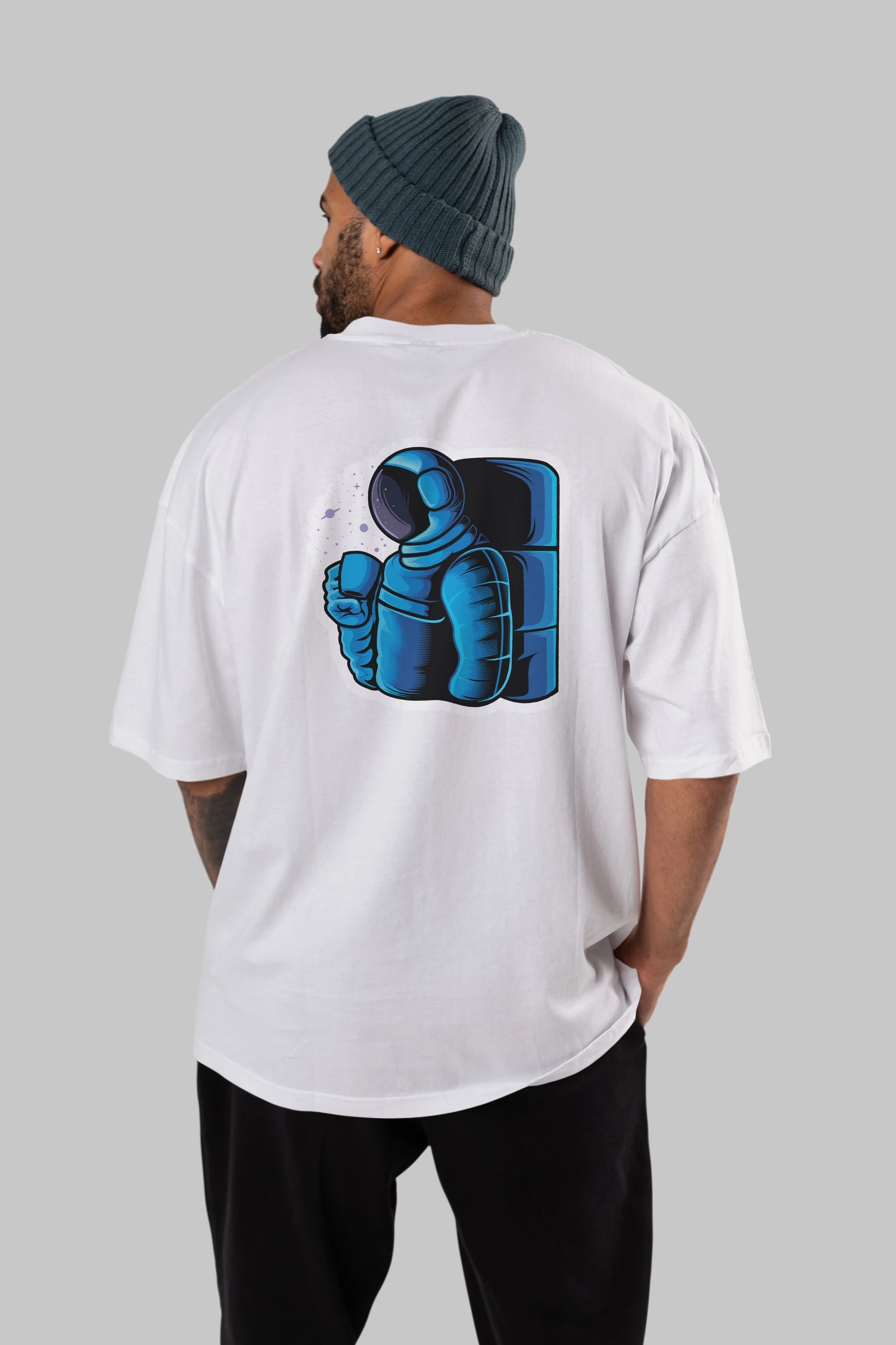 Drinking coffee in space sticker Arka Baskılı Oversize t-shirt Erkek Kadın Unisex