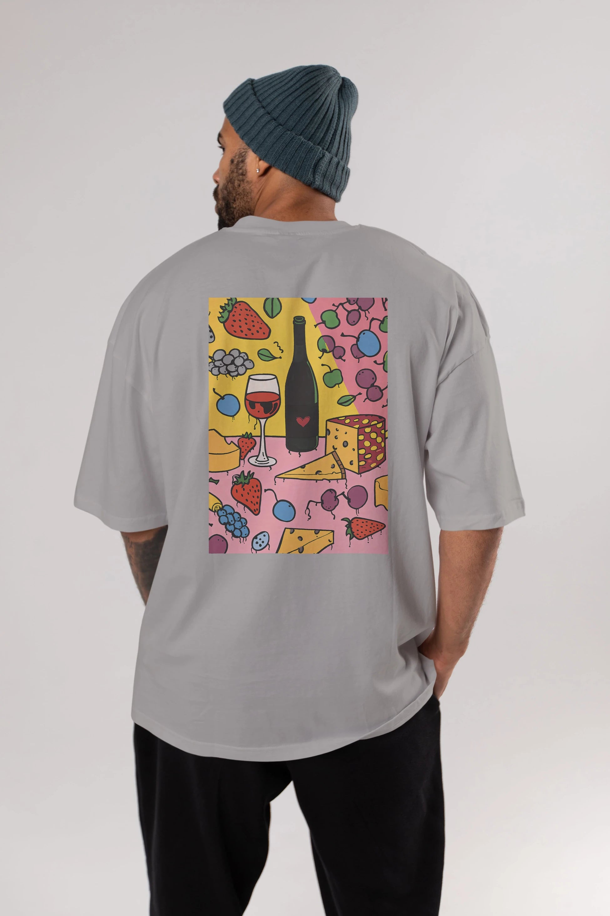 Wine Cheese Fruits Arka Baskılı Oversize t-shirt Erkek Kadın Unisex %100 Pamuk Bisiklet Yaka tişort
