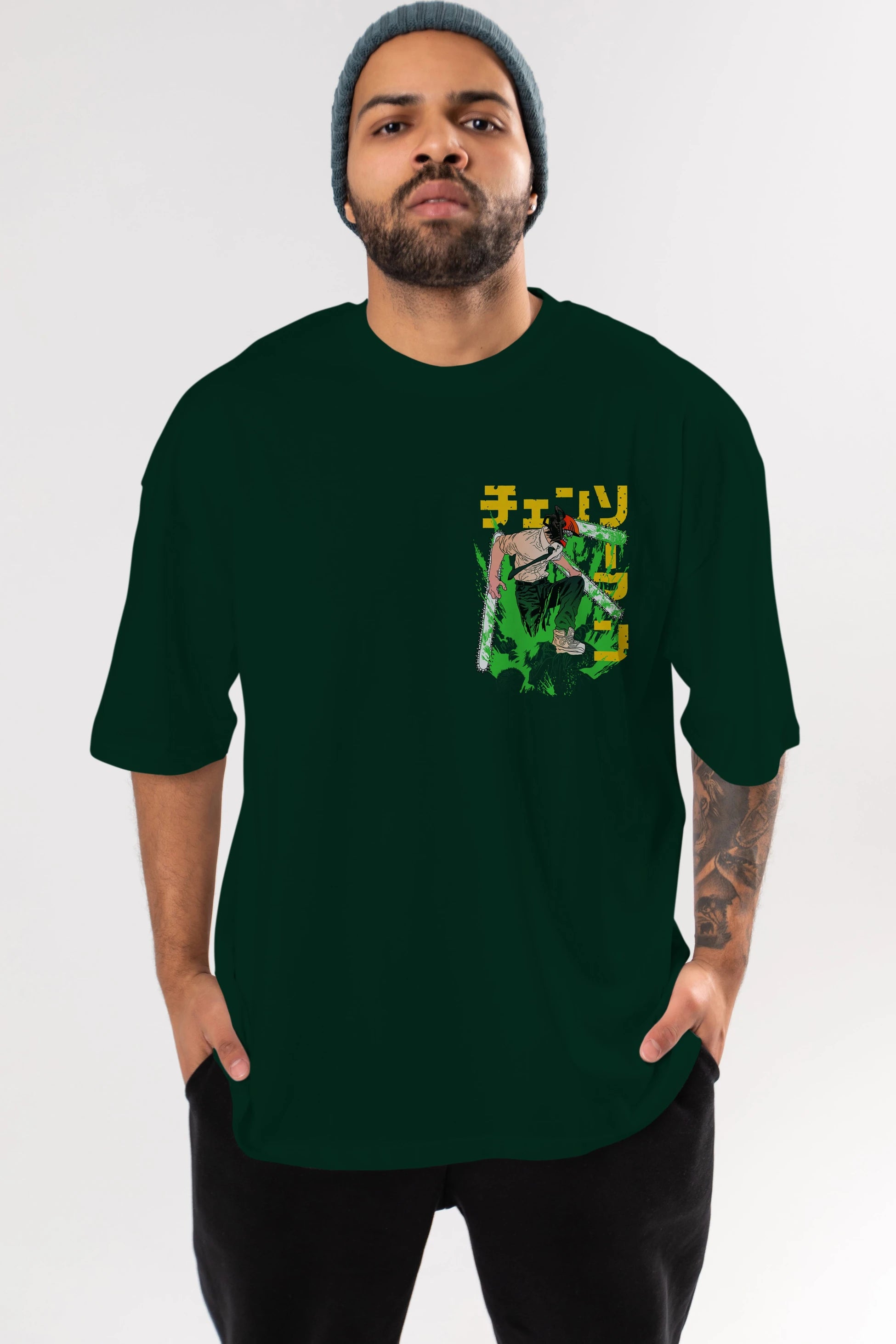 CHAINSAWMAN DENJI Ön Sol Baskılı Oversize t-shirt Erkek Kadın Unisex %100 Pamuk Bisiklet Yaka tişort