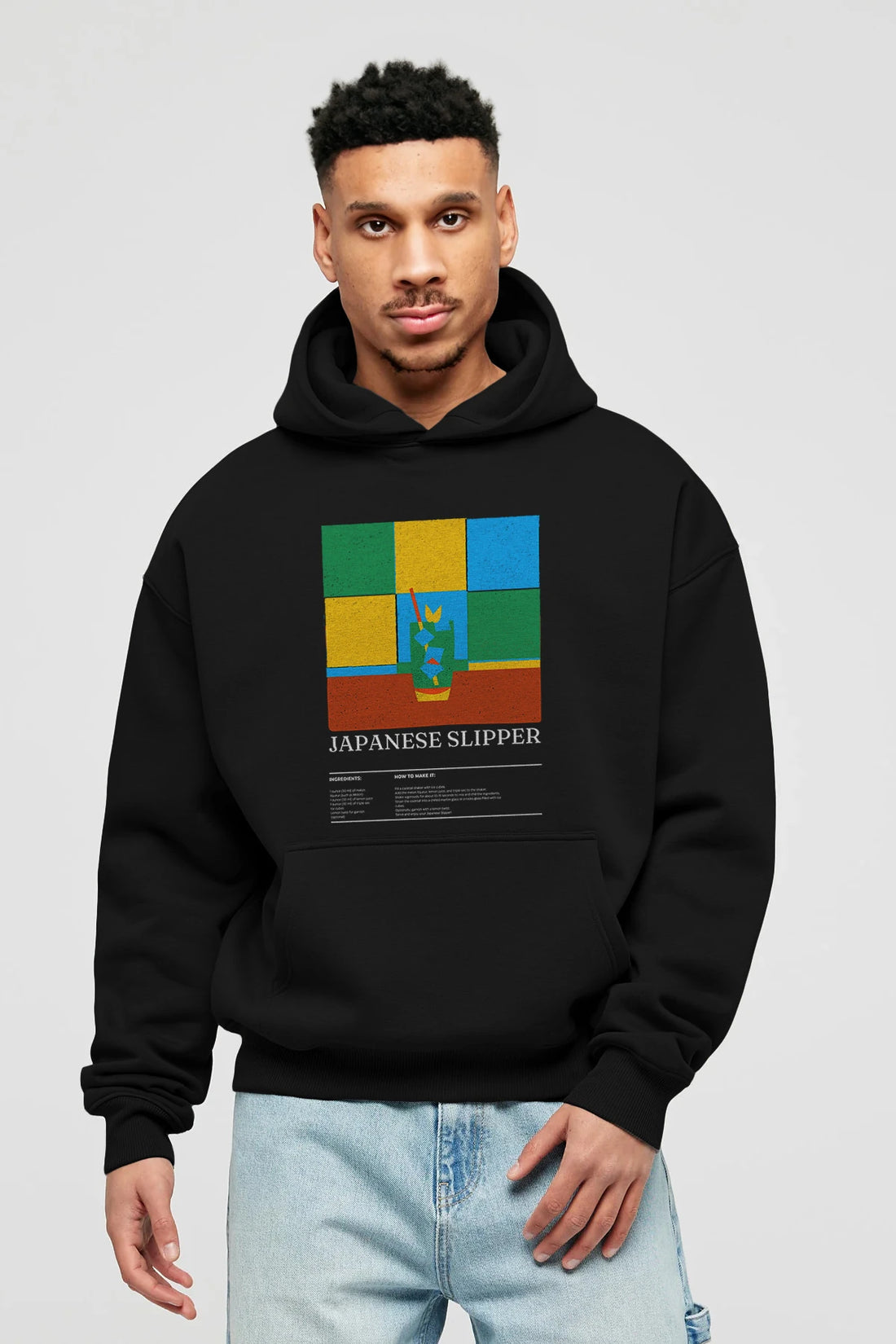 Japanese Slipper Kokteyl ön Baskılı Hoodie Oversize Kapüşonlu Sweatshirt Erkek Kadın