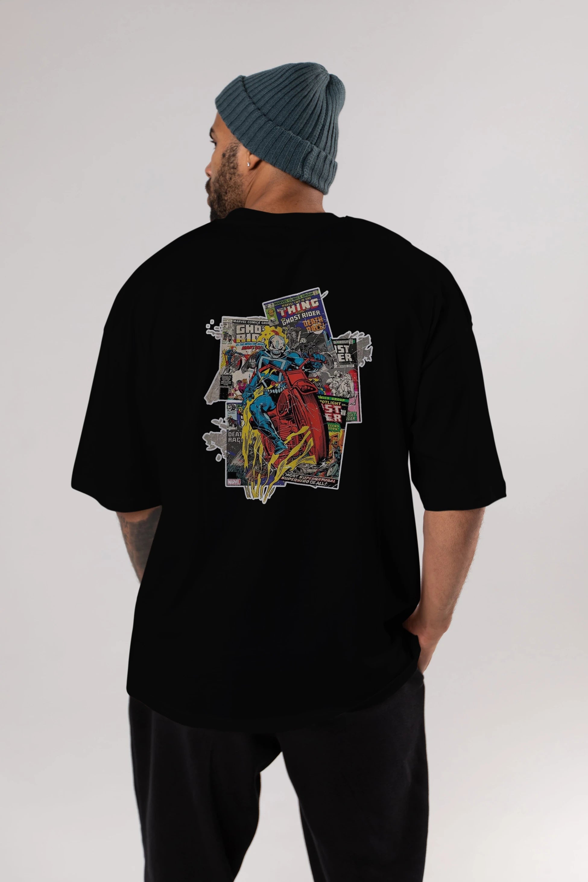 Ghost Rider Arka Baskılı Oversize t-shirt Erkek Kadın Unisex %100 Pamuk Bisiklet Yaka tişort