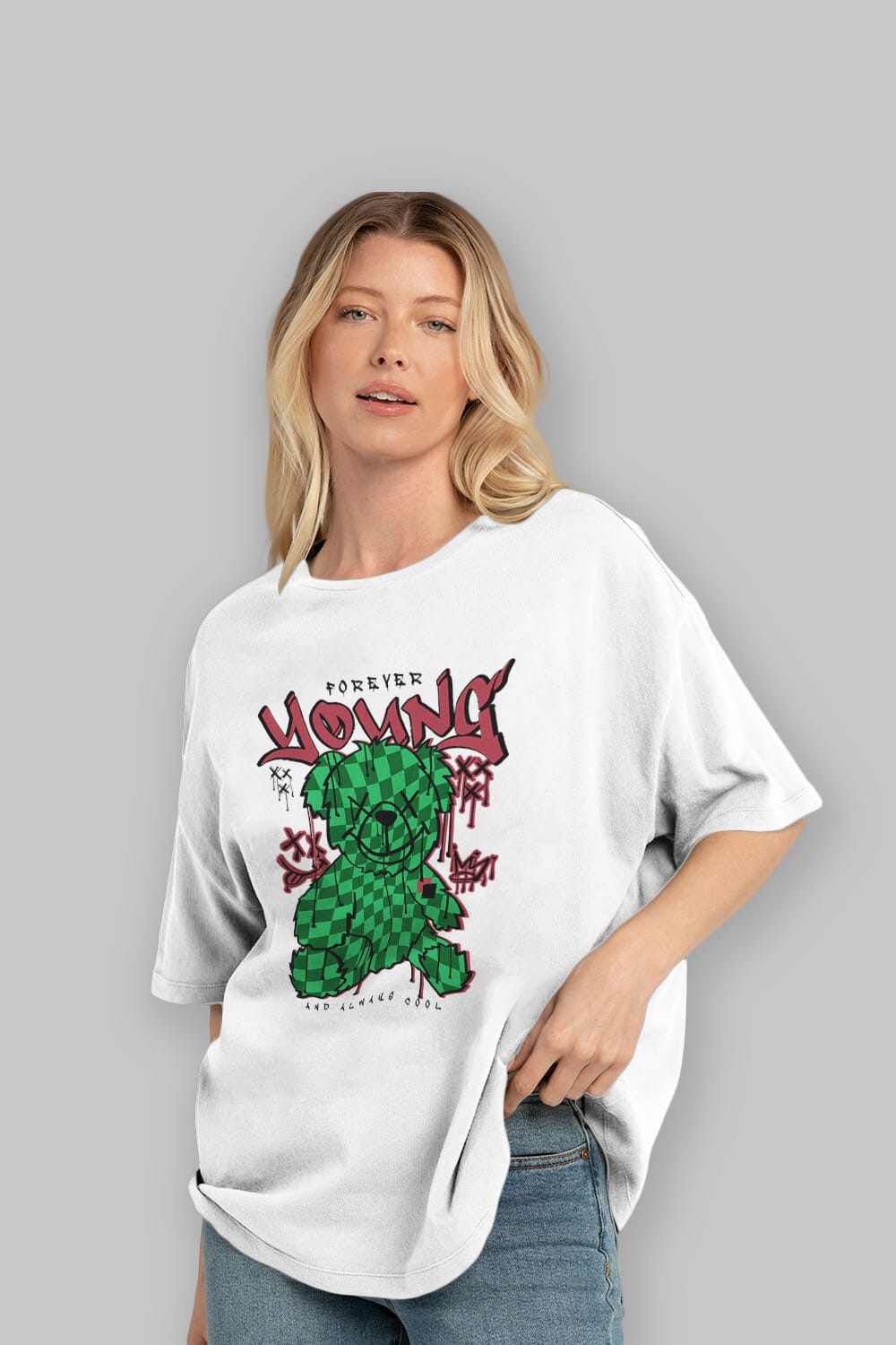 Young and Always Cool Bear Ön Baskılı Oversize t-shirt Erkek Kadın Unisex