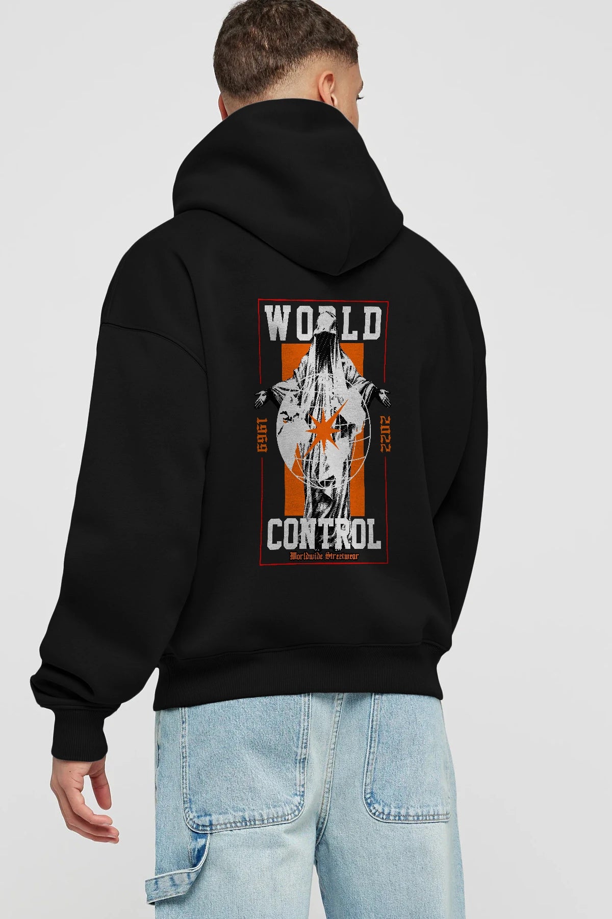 World Control Arka Baskılı Hoodie Oversize Kapüşonlu Sweatshirt Erkek Kadın Unisex