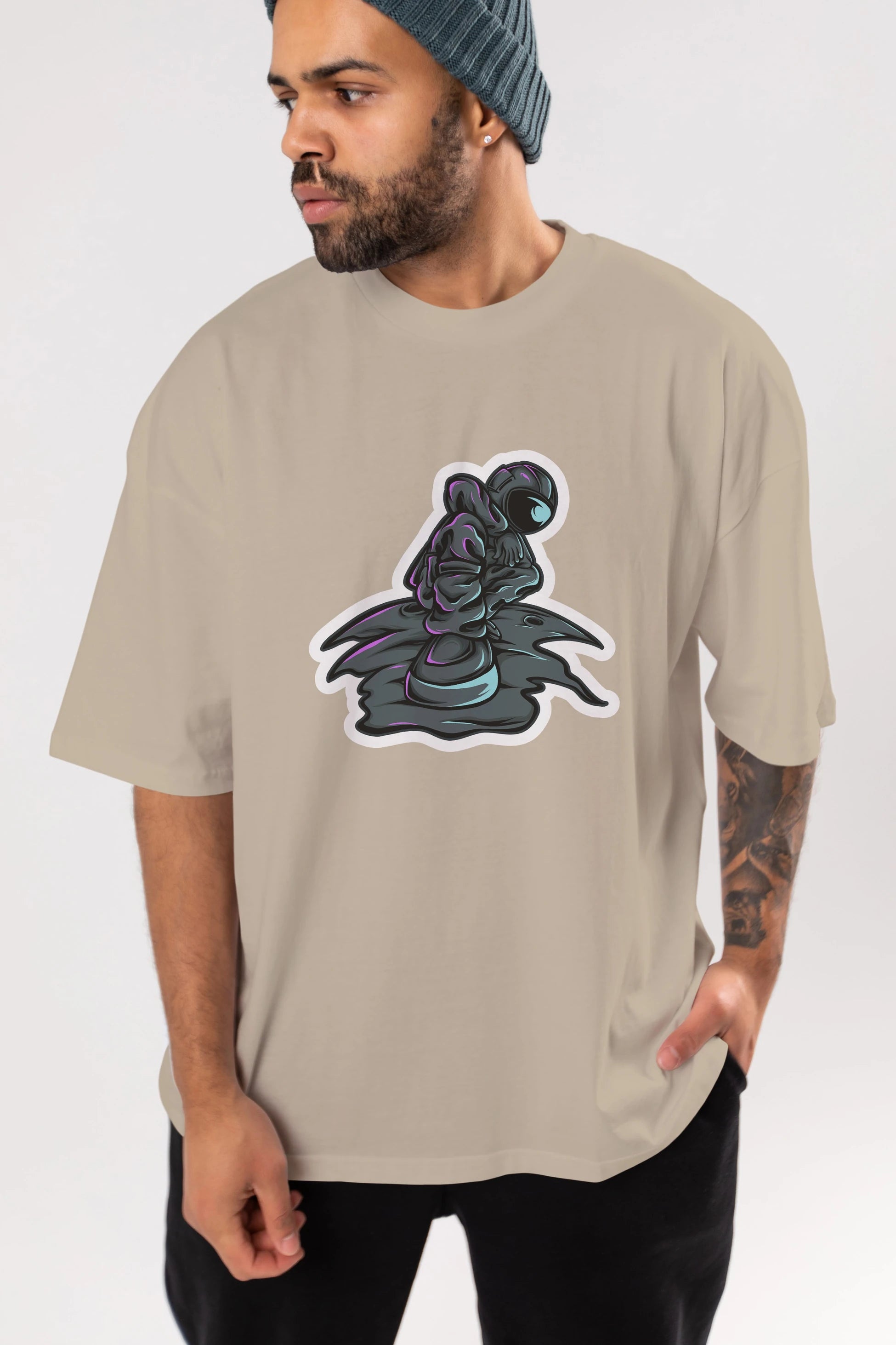 Stylish Astronaut Sticker Ön Baskılı Oversize t-shirt Erkek Kadın Unisex