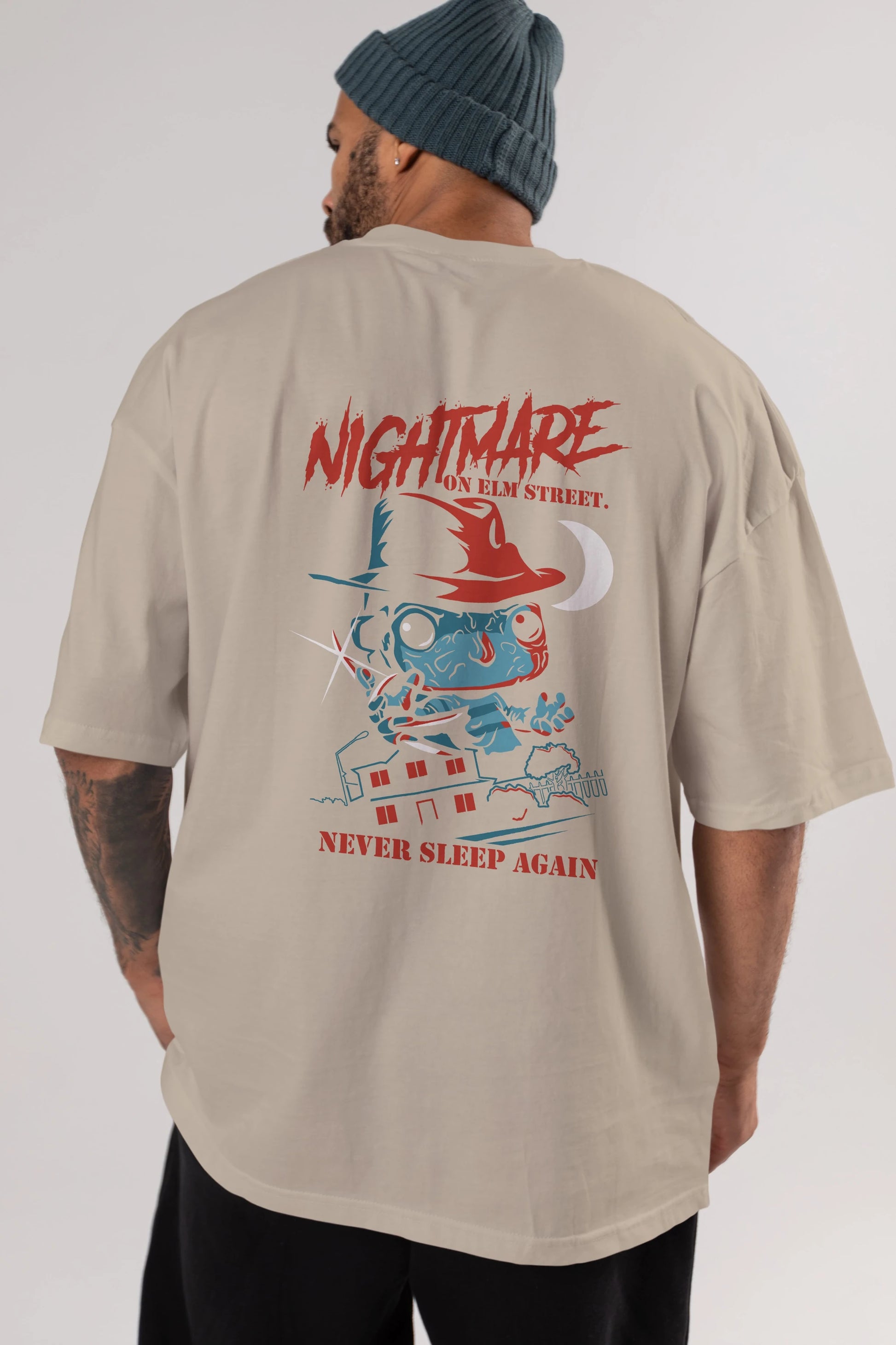Nightmare Elm Sokağı Arka Baskılı Oversize t-shirt Erkek Kadın Unisex %100 Pamuk Bisiklet Yaka tişort