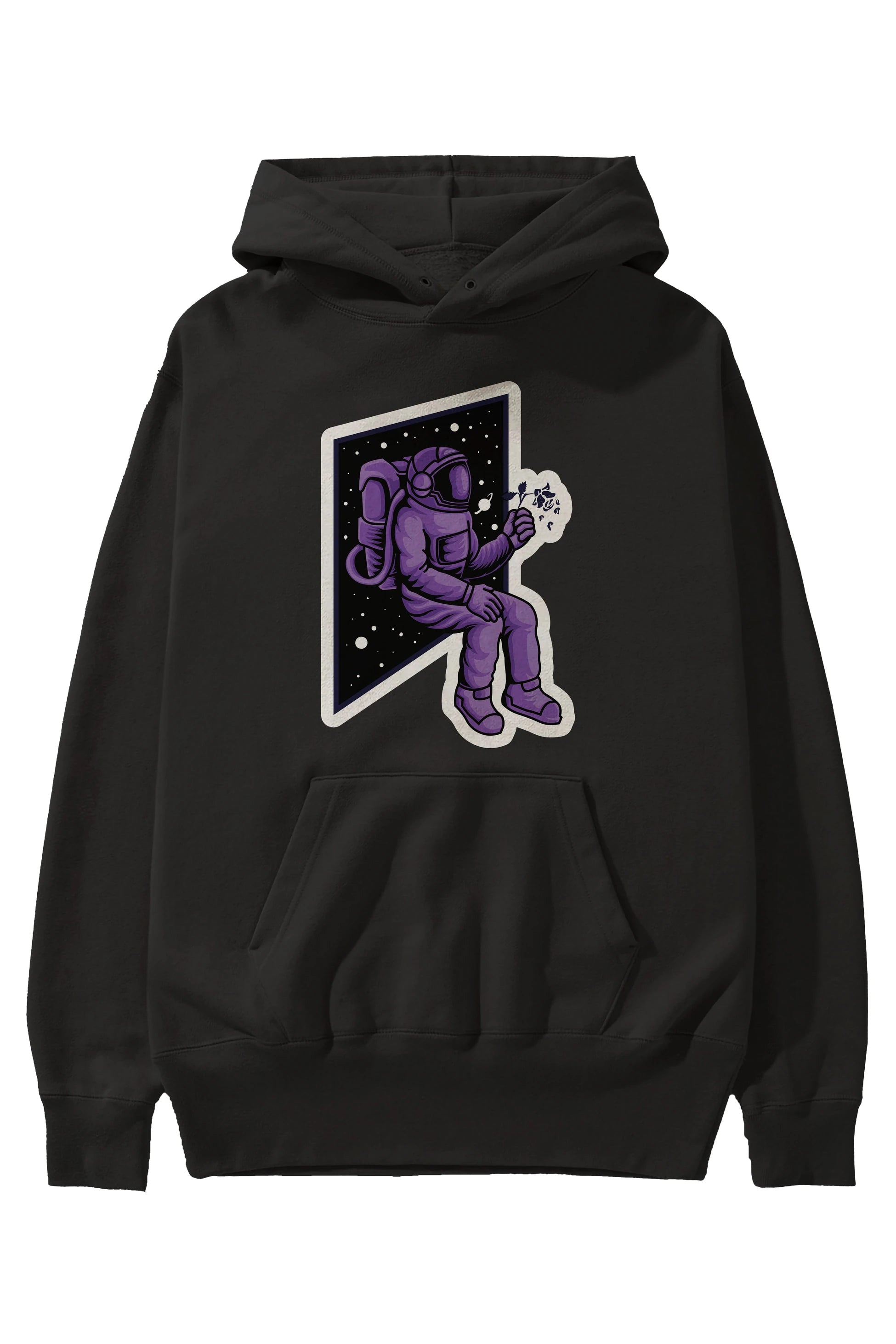 Astronaut holding black rose sticker Ön Baskılı Hoodie Oversize Kapüşonlu Sweatshirt Erkek Kadın Unisex