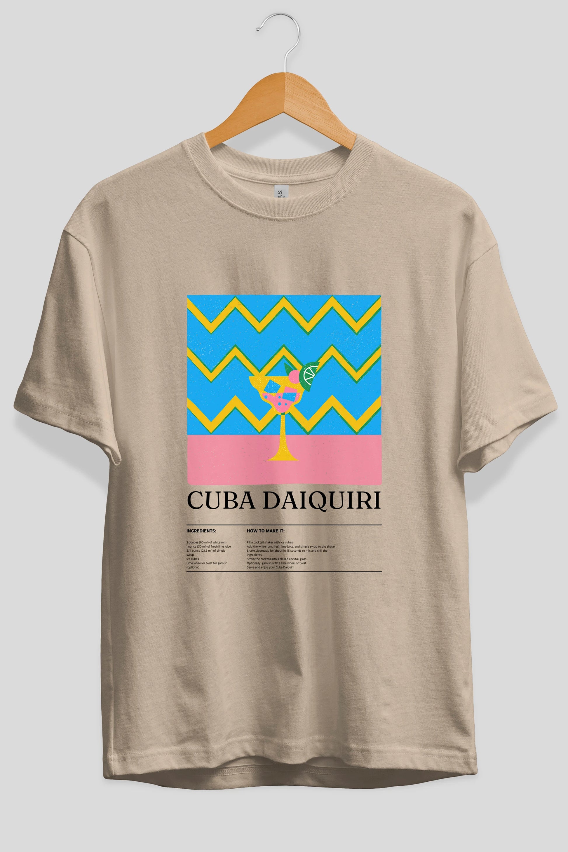 Cuba Daiquiri Kokteyl Ön Baskılı Oversize t-shirt Erkek Kadın %100 Pamuk Bisiklet Yaka tişort