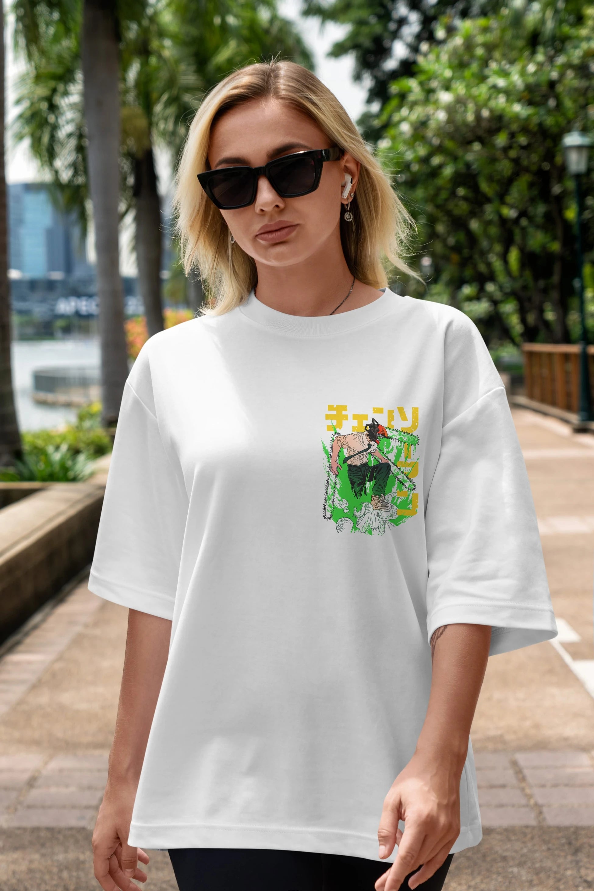 CHAINSAWMAN DENJI Ön Sol Baskılı Oversize t-shirt Erkek Kadın Unisex %100 Pamuk Bisiklet Yaka tişort