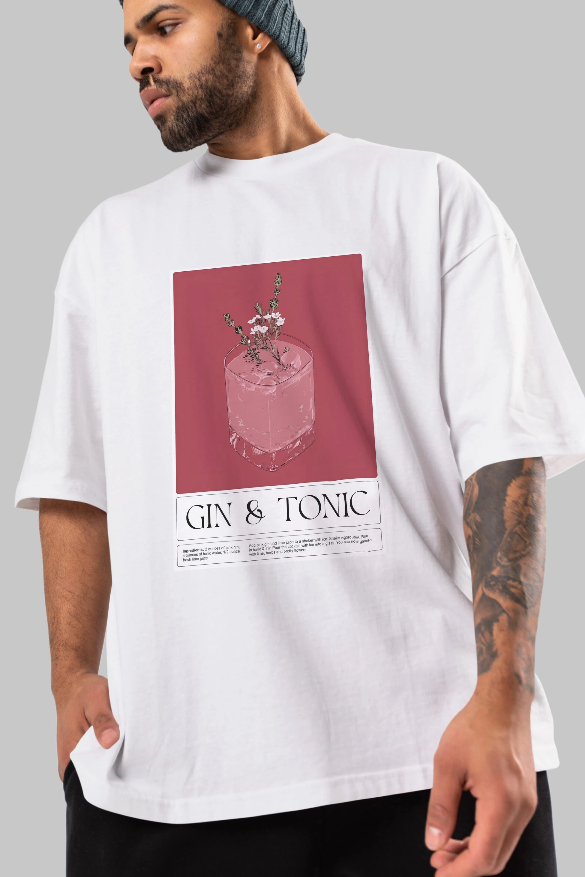 Gin Tonic 4 Ön Baskılı Oversize t-shirt Erkek Kadın Unisex %100 Pamuk Bisiklet Yaka tişort