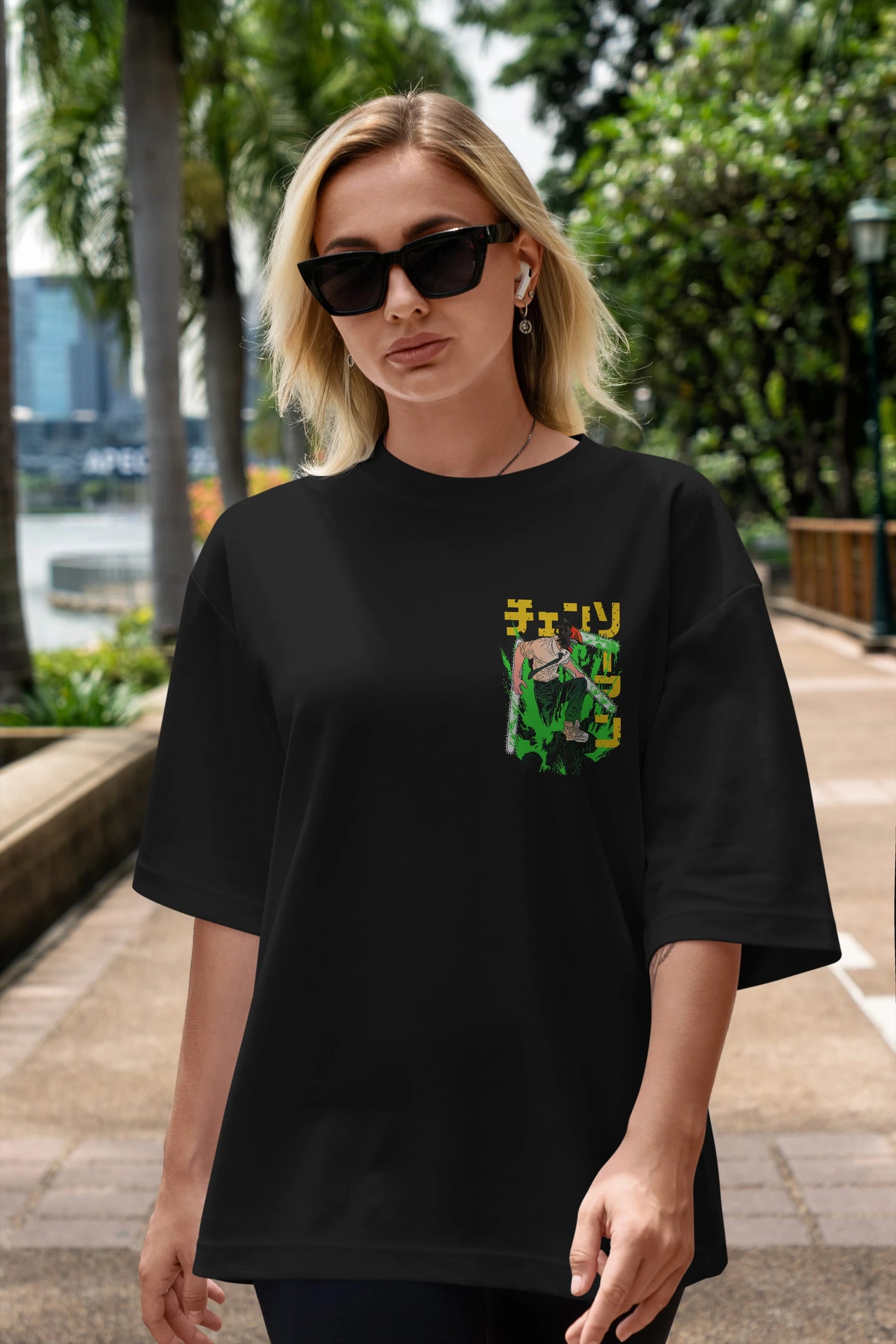 CHAINSAWMAN DENJI Ön Sol Baskılı Oversize t-shirt Erkek Kadın Unisex %100 Pamuk Bisiklet Yaka tişort