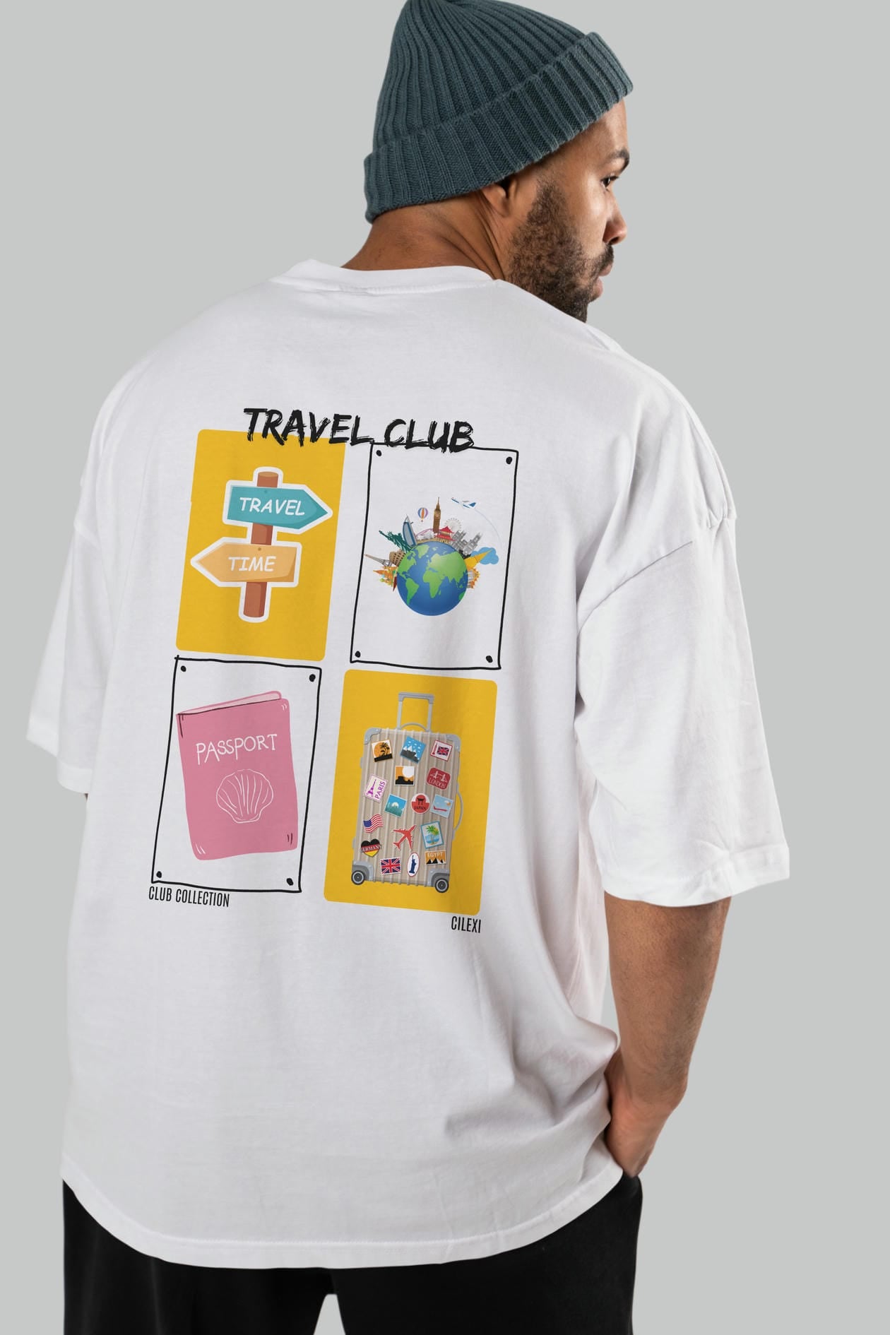 Travel Club Arka Baskılı Oversize t-shirt Erkek Kadın %100 Pamuk Bisiklet Yaka tişort