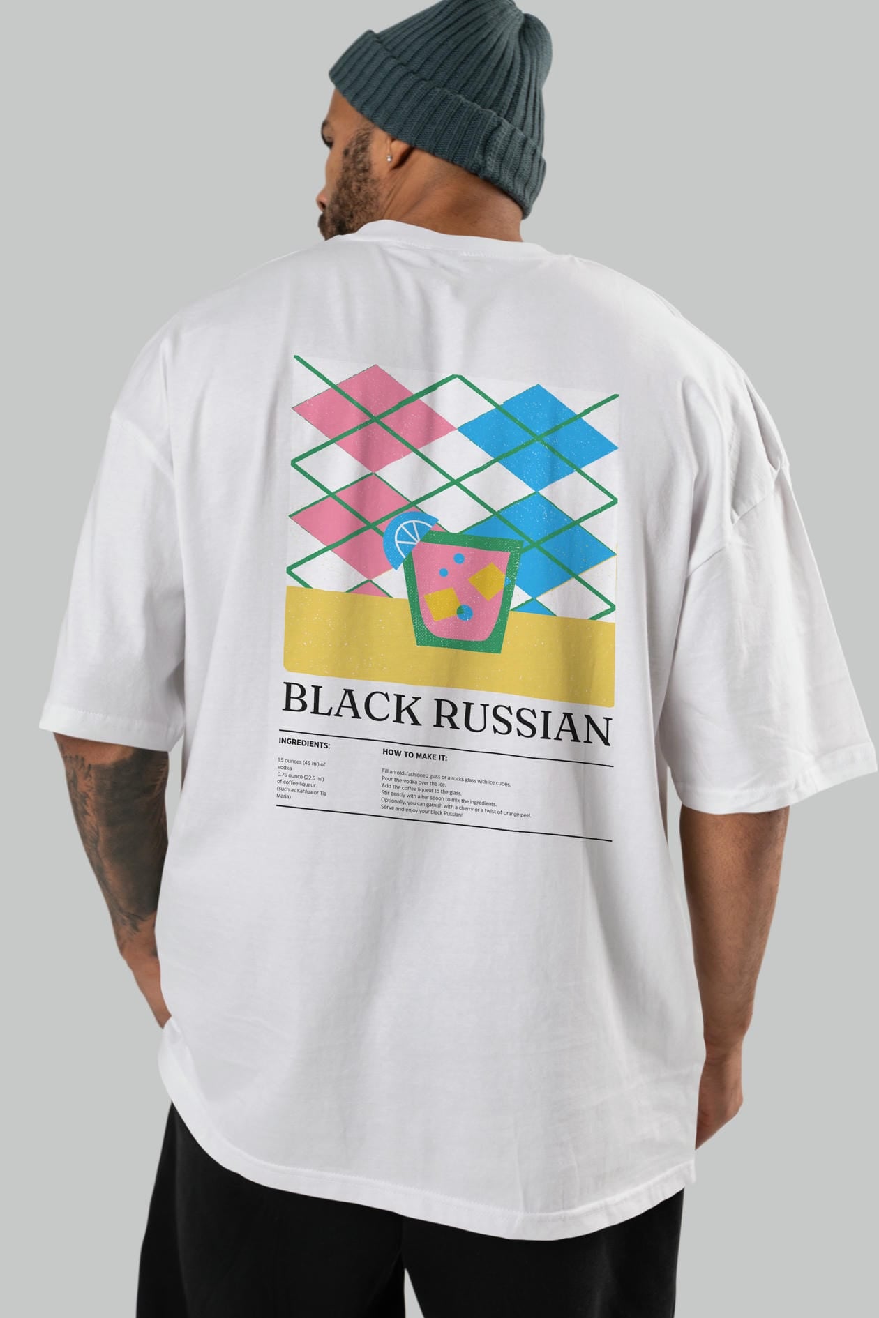Black Russian Kokteyl Serisi Arka Baskılı Oversize t-shirt Erkek Kadın %100 Pamuk Bisiklet Yaka tişort