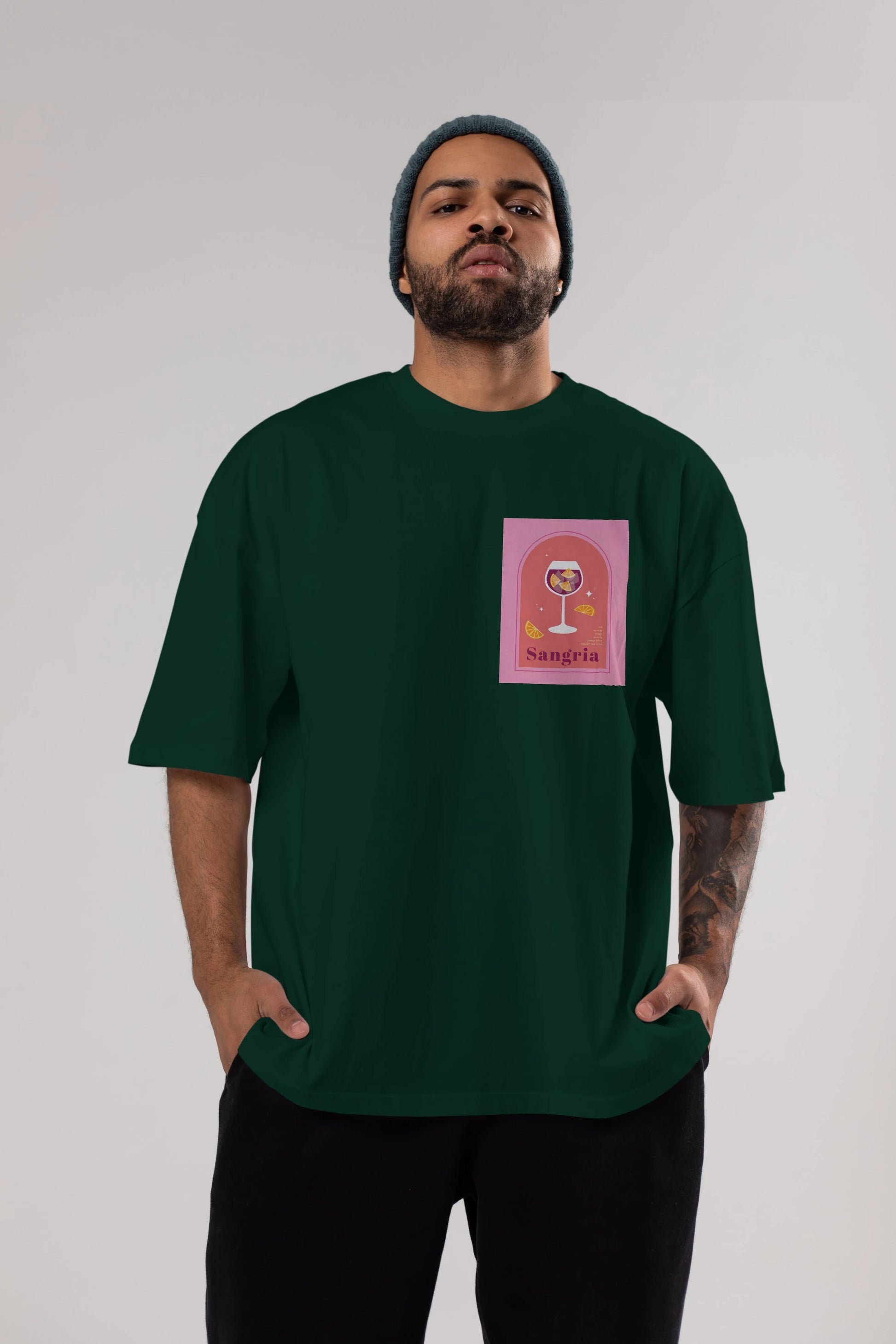 Sangria Ön Sol Baskılı Oversize t-shirt Erkek Kadın Unisex %100 Pamuk Bisiklet Yaka tişort