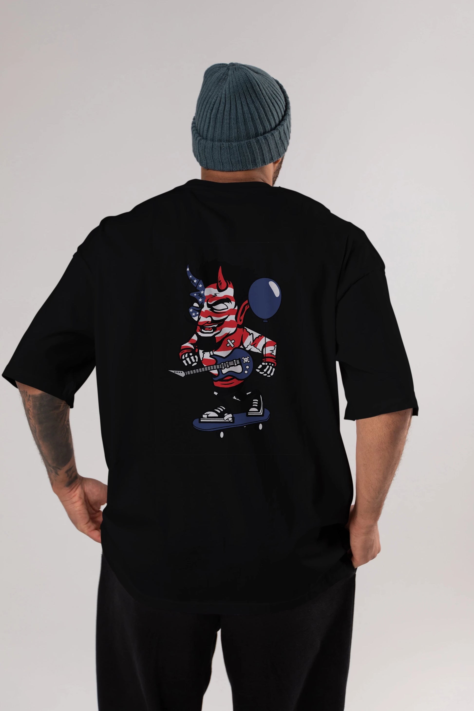 American Devil Skater Arka Baskılı Oversize t-shirt Erkek Kadın Unisex %100 Pamuk tişort