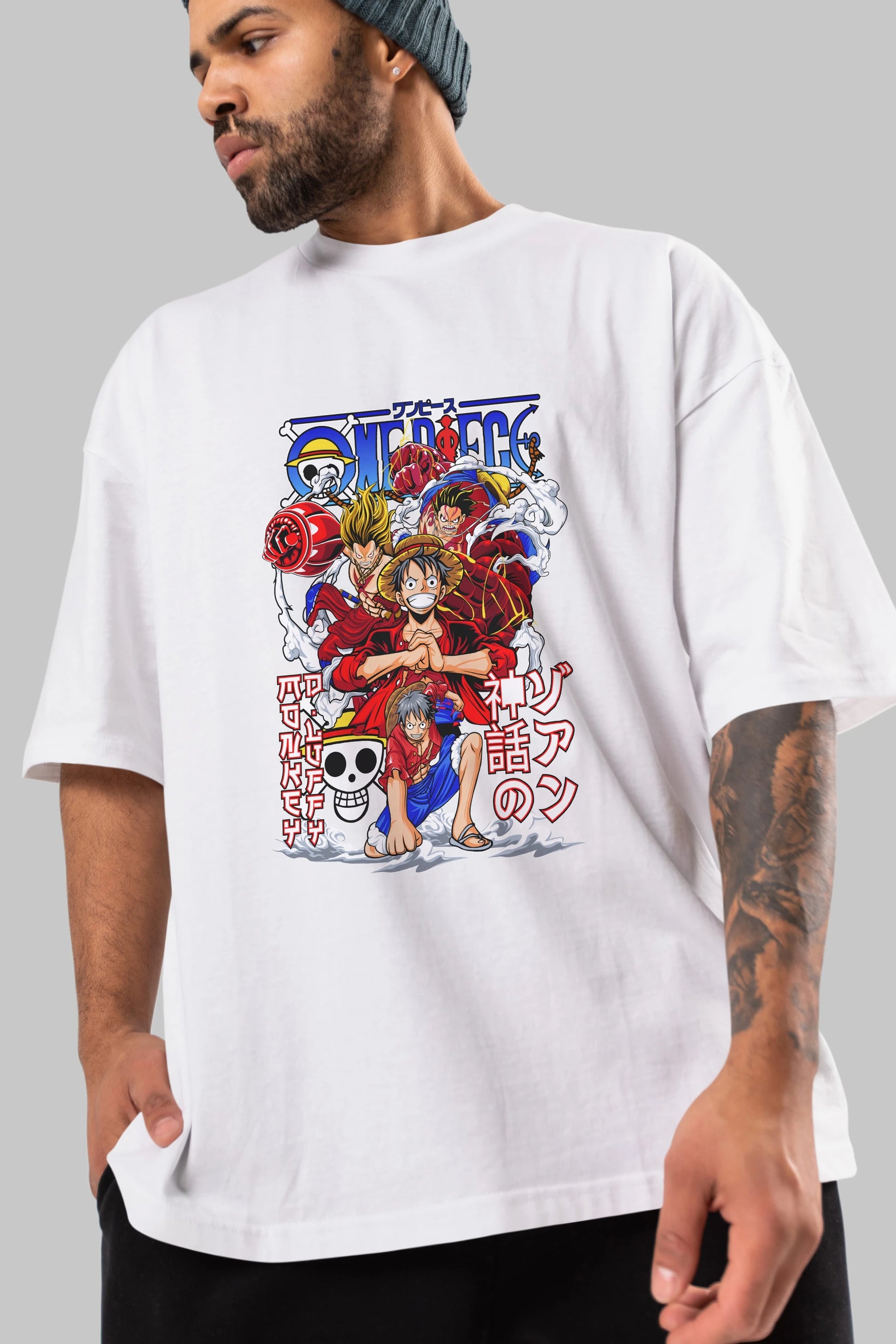 MONKEY D. LUFF-ONE PIECE 2 Anime Ön Baskılı Oversize t-shirt %100 pamuk Erkek Kadın Unisex