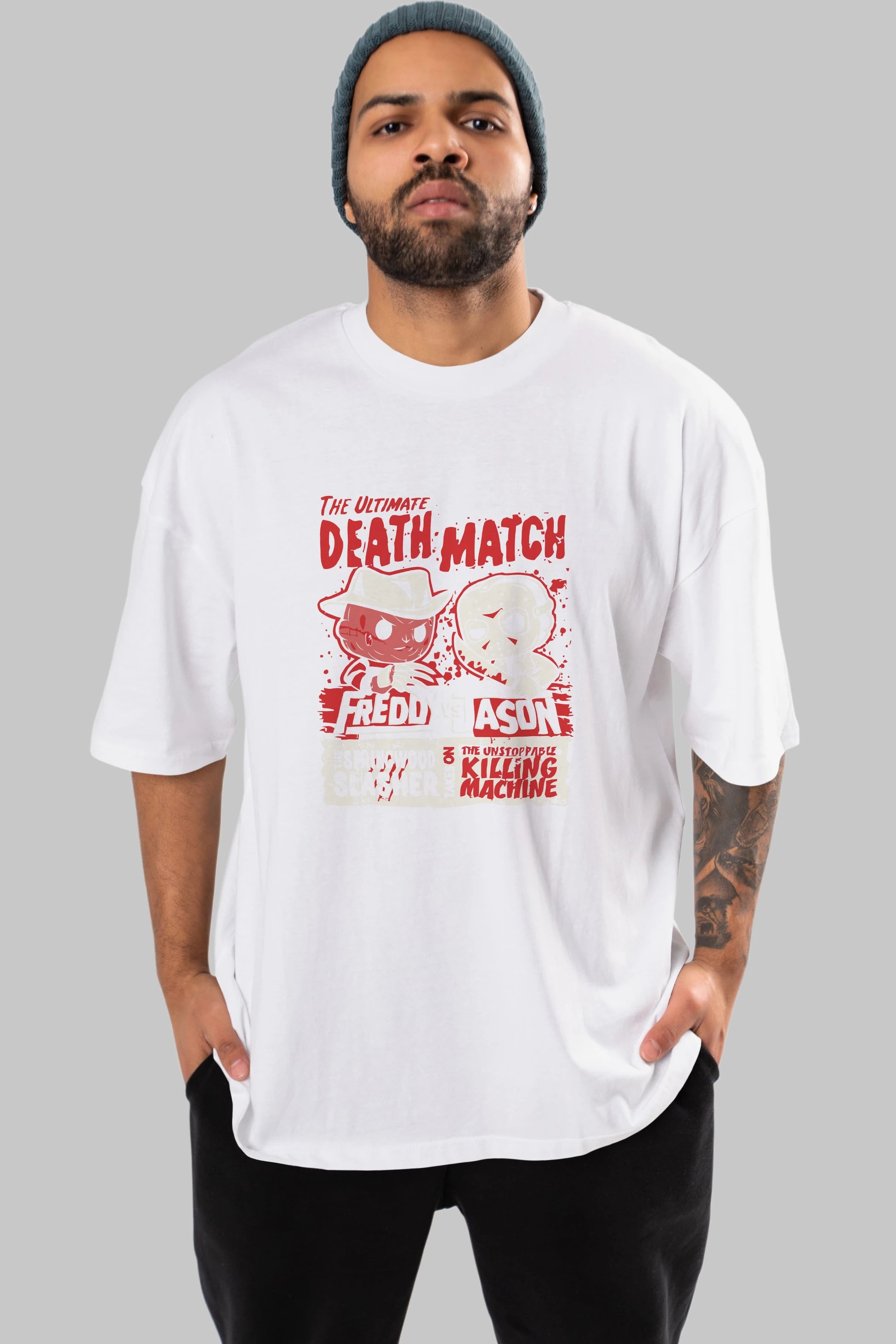 Freddy vs Jason Ön Baskılı Oversize t-shirt Erkek Kadın Unisex %100 Pamuk Bisiklet Yaka tişort